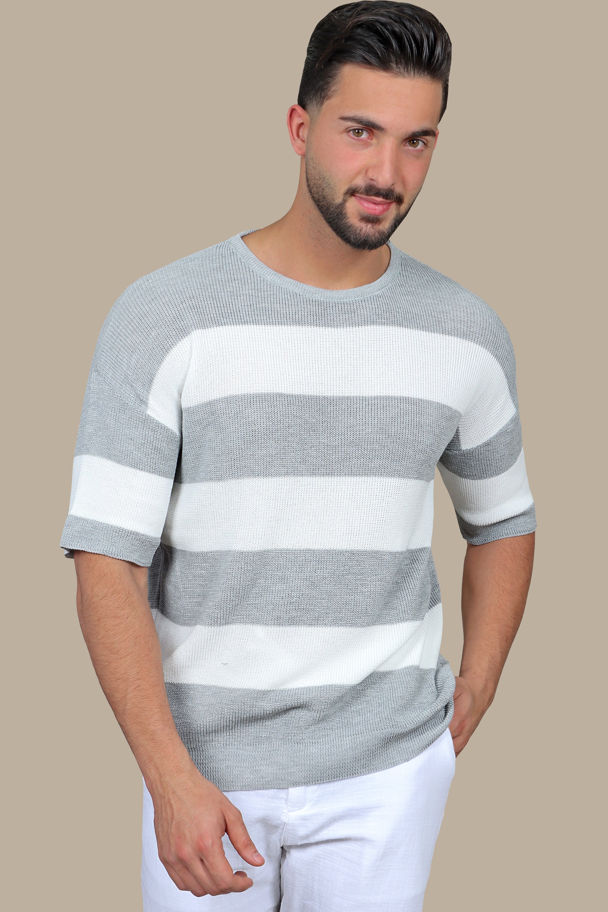 Grey Wide Striped Oversized T-Shirt with 3/4 Sleeves