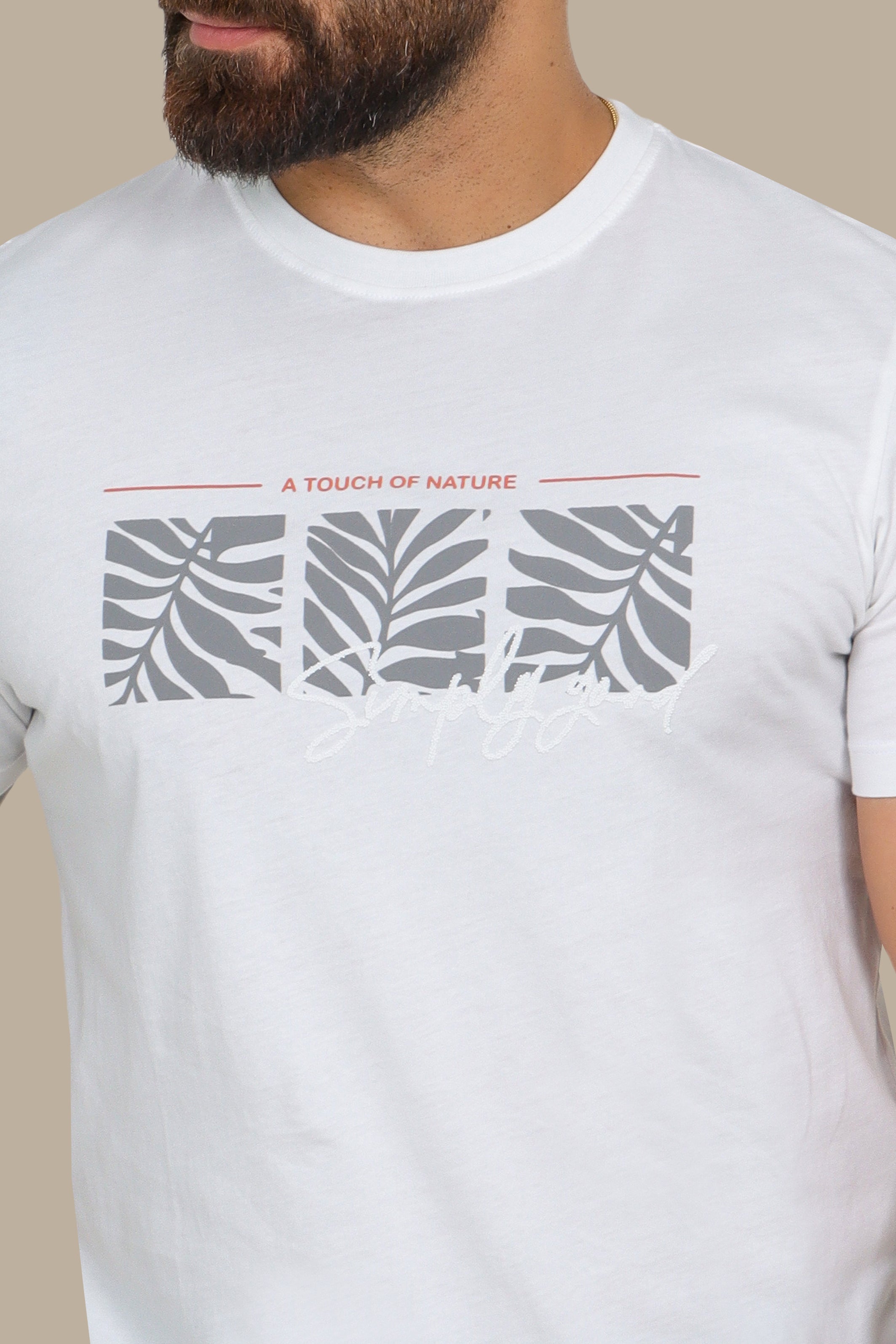White T-Shirt with Three Leaf Squares Print