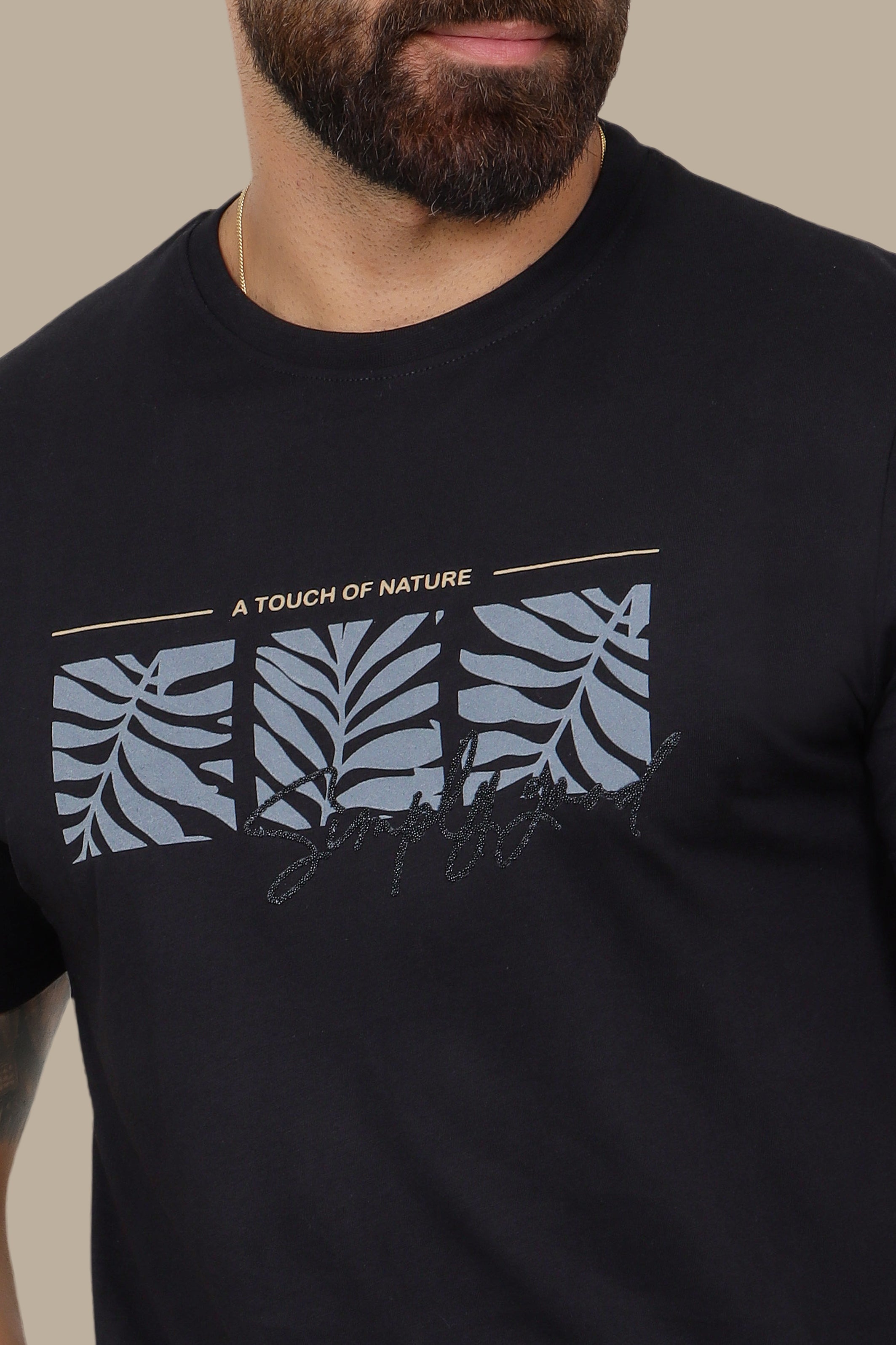 Black T-Shirt with Three Leaf Squares Print