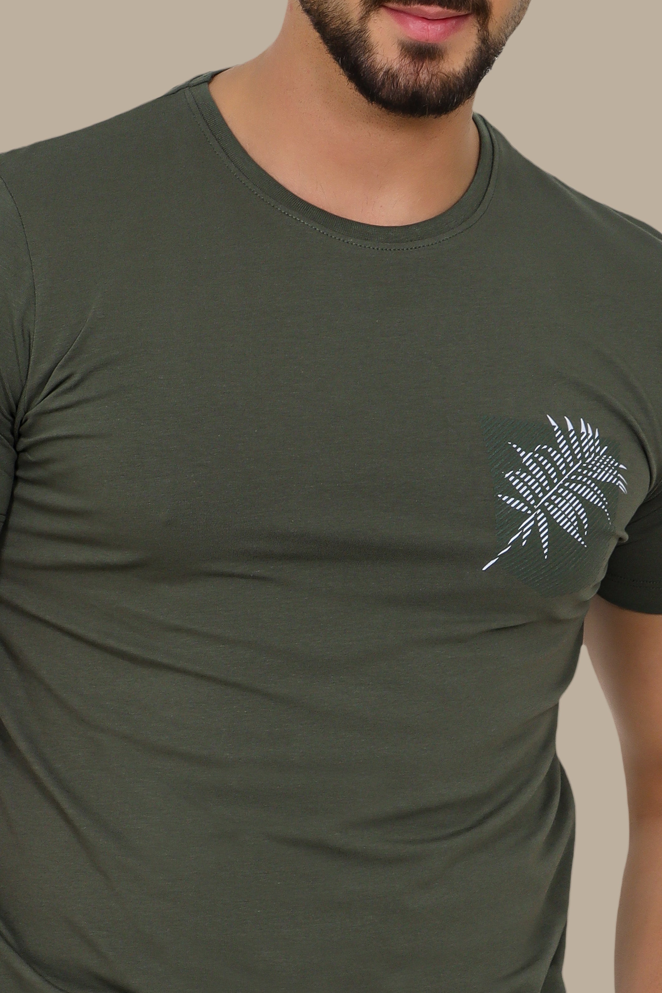 Khaki T-Shirt with Printed Pocket and Leaf Detail