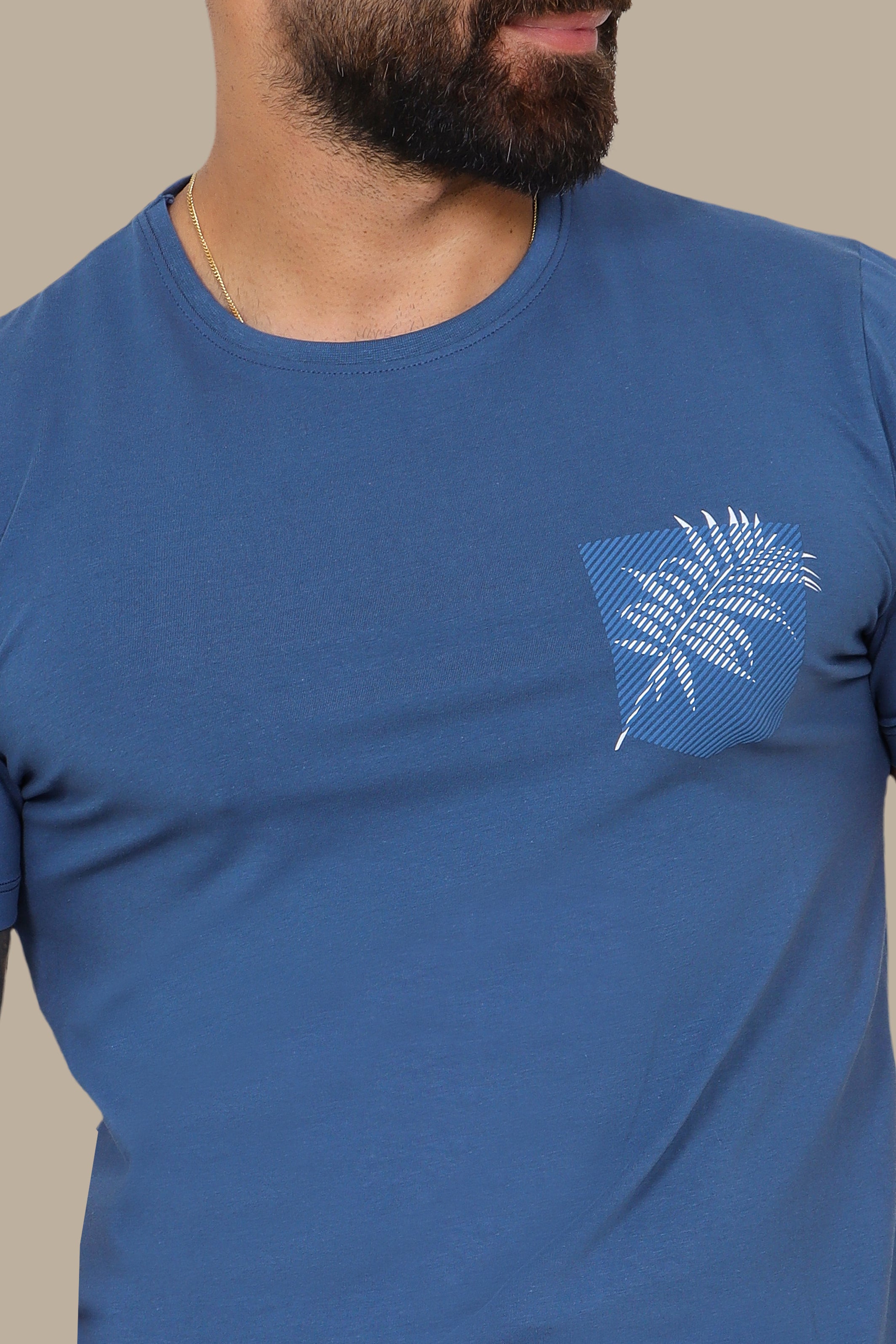 Blue T-Shirt with Pocket and Leaf Print