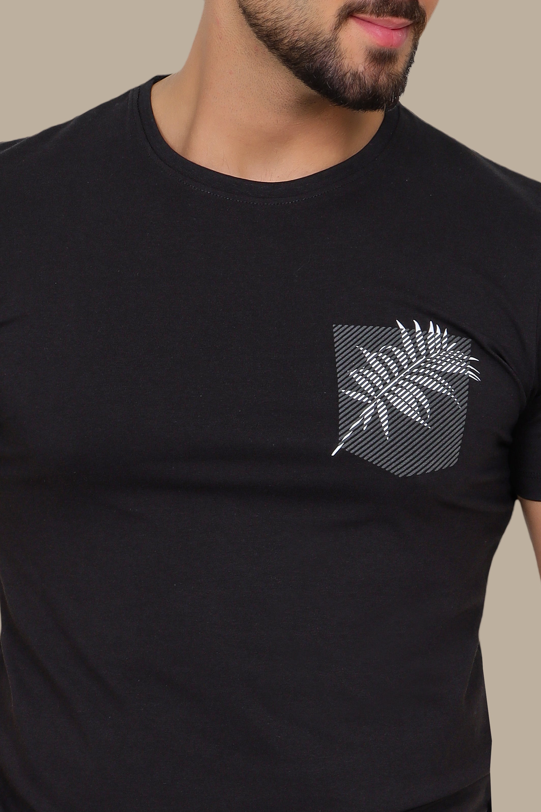 Black T-Shirt with Printed Pocket and Leaf Detail