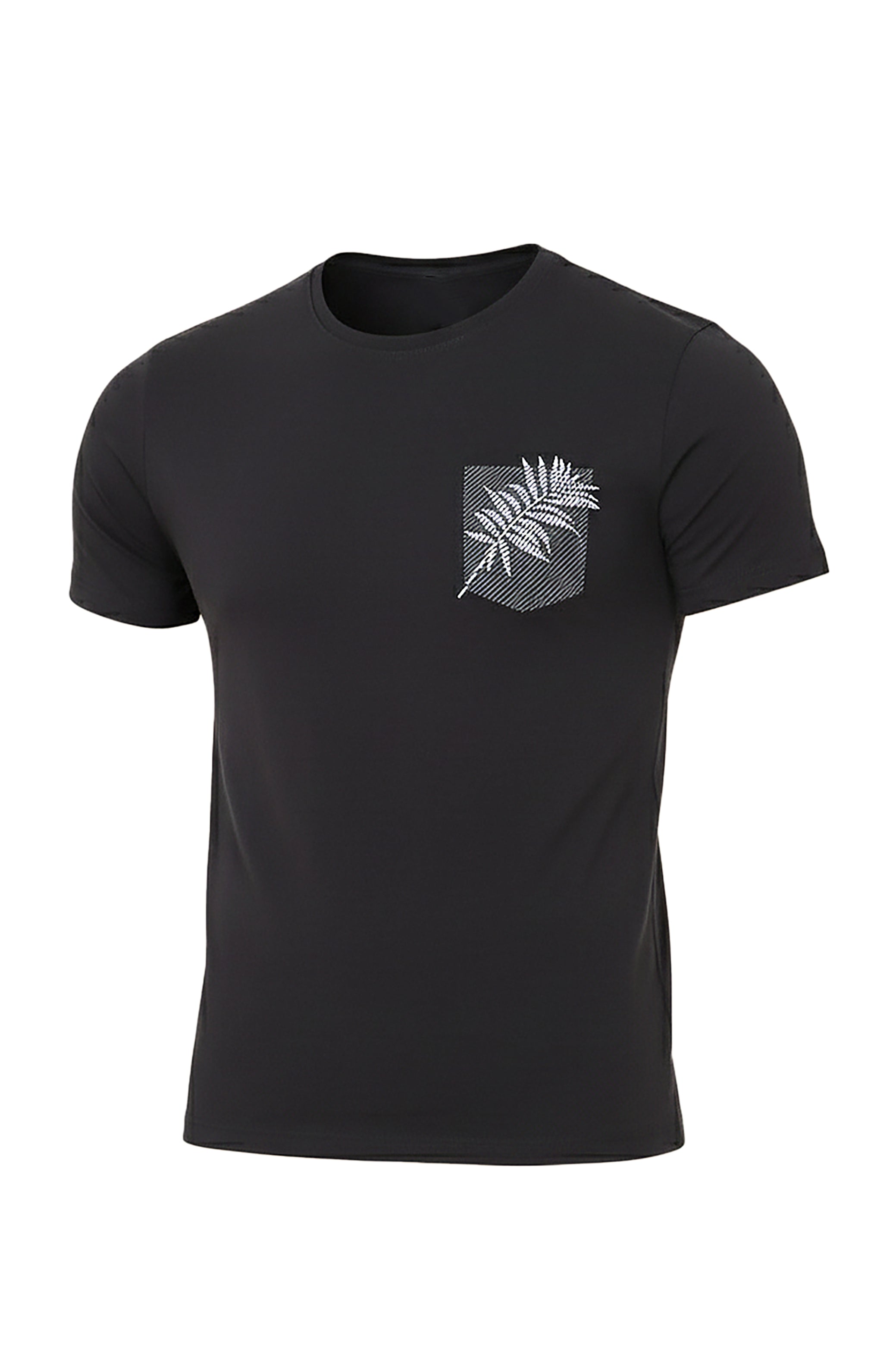 Black T-Shirt with Printed Pocket and Leaf Detail