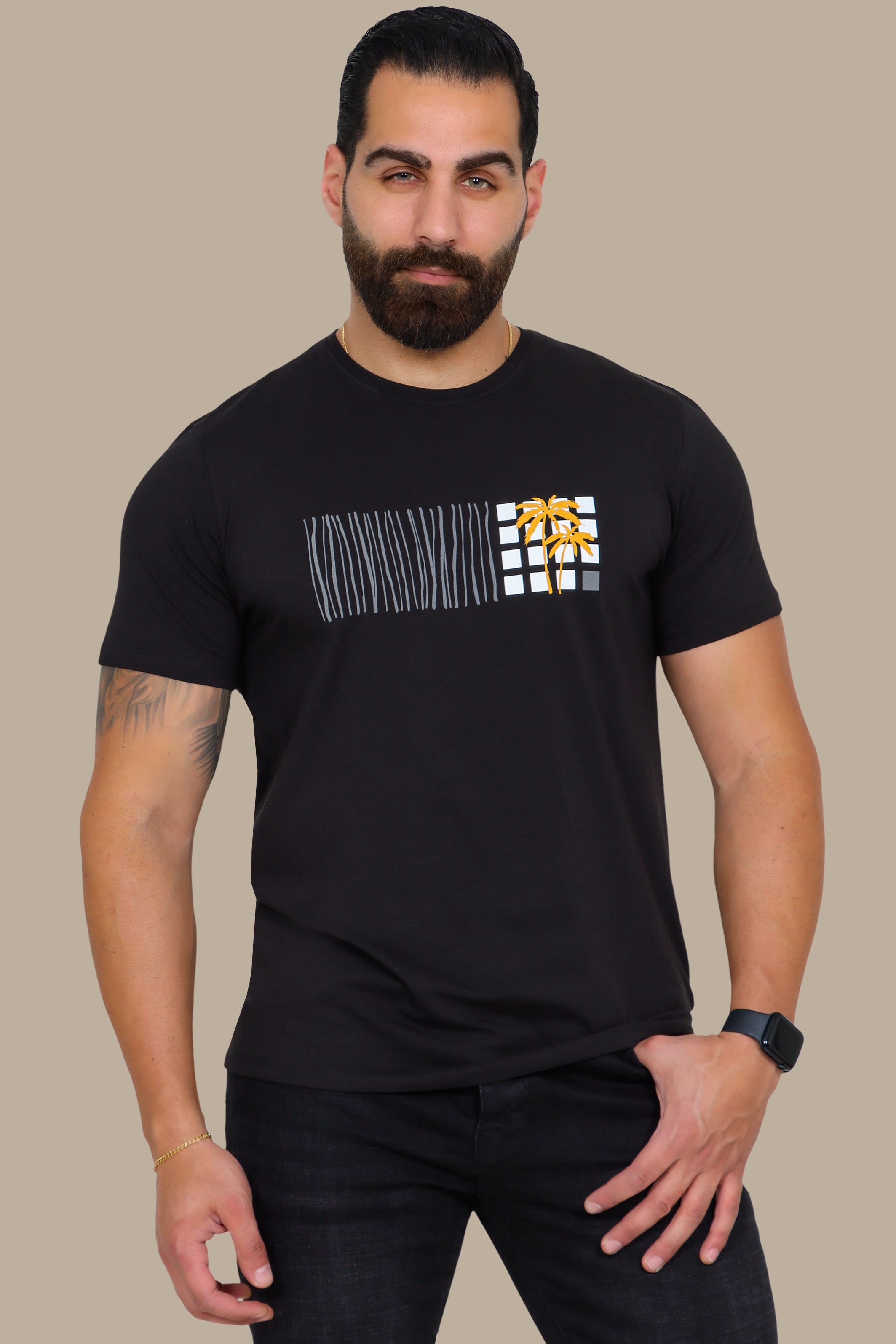 Black T-Shirt with Palm Tree Print