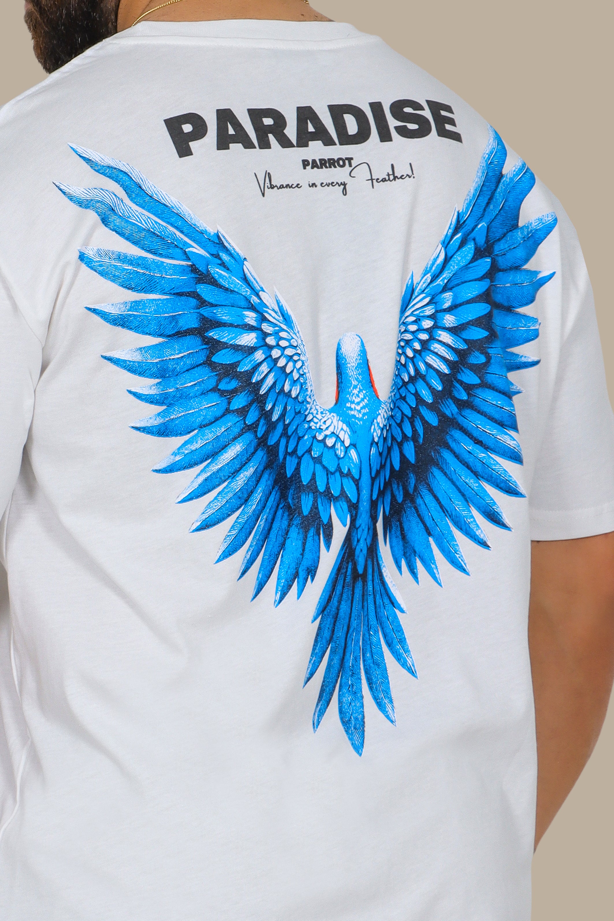 White Oversized T-Shirt with Blue Parrot Paradise Print