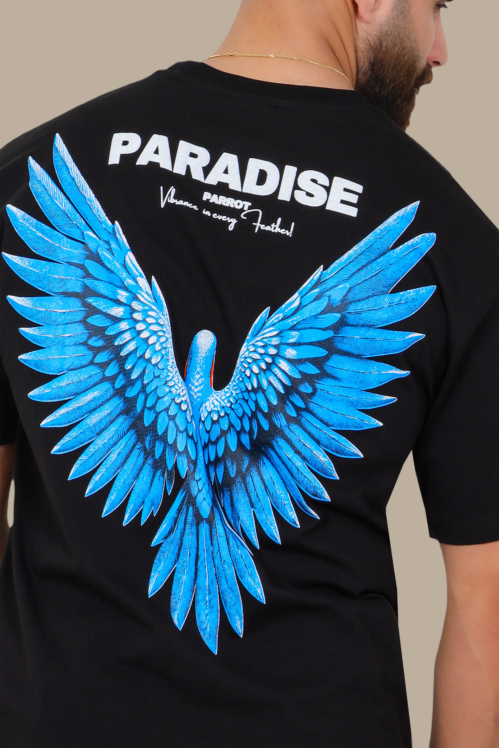 Oversized T-Shirt with Blue Parrot Paradise Print