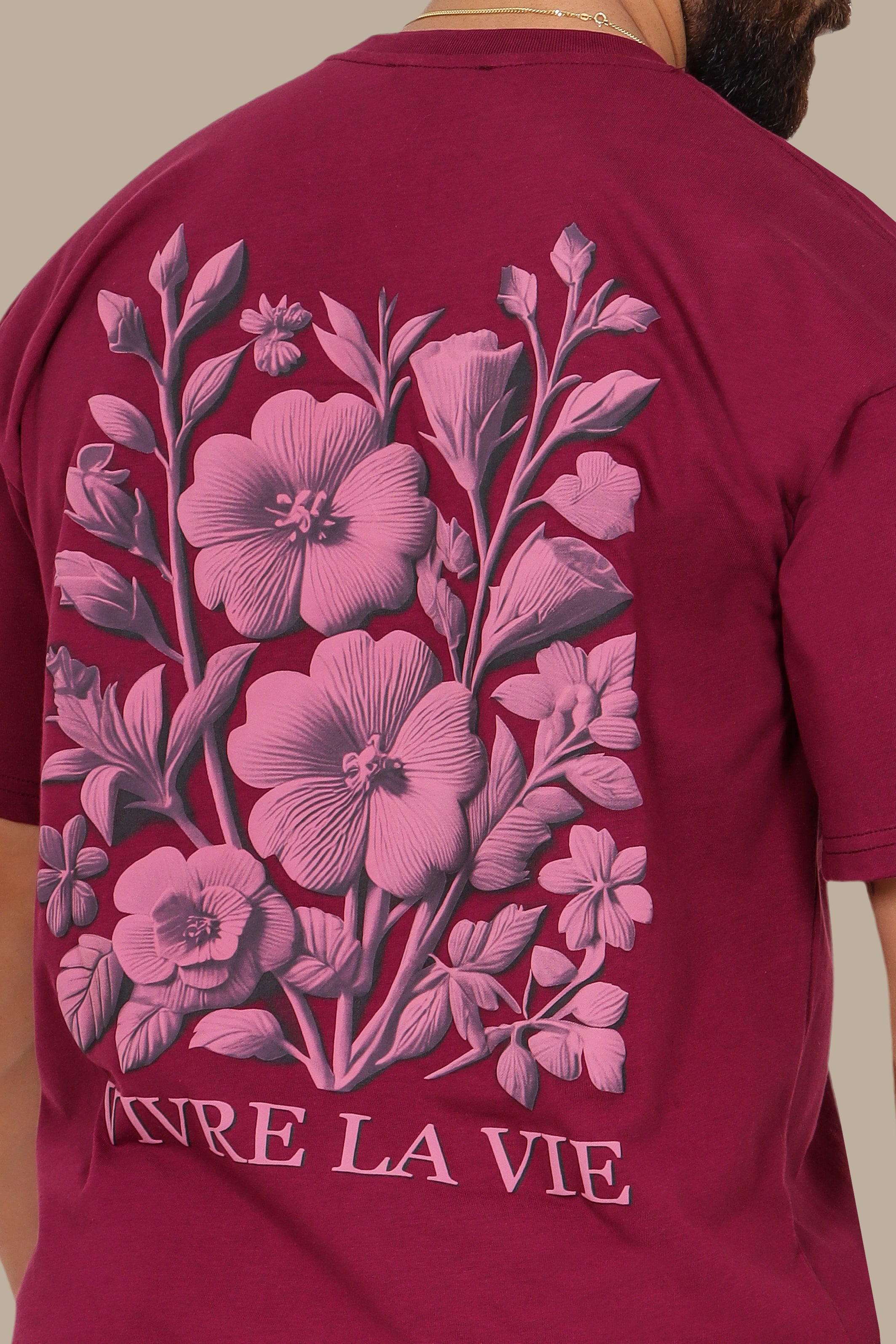 Burgundy Oversized T-Shirt with Vivre La Vie Floral Print