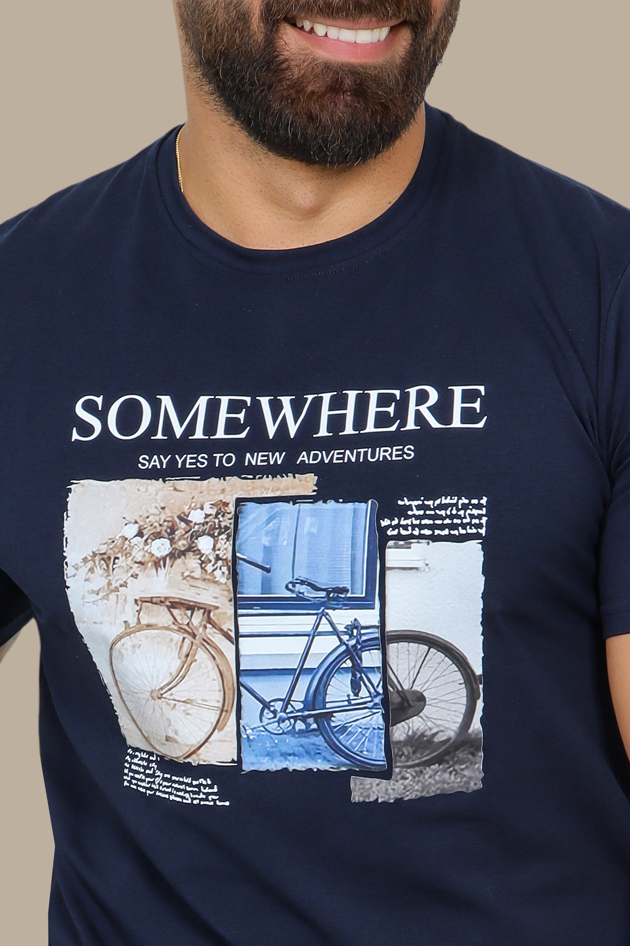 Navy T-Shirt with "Somewhere" and Bike Print