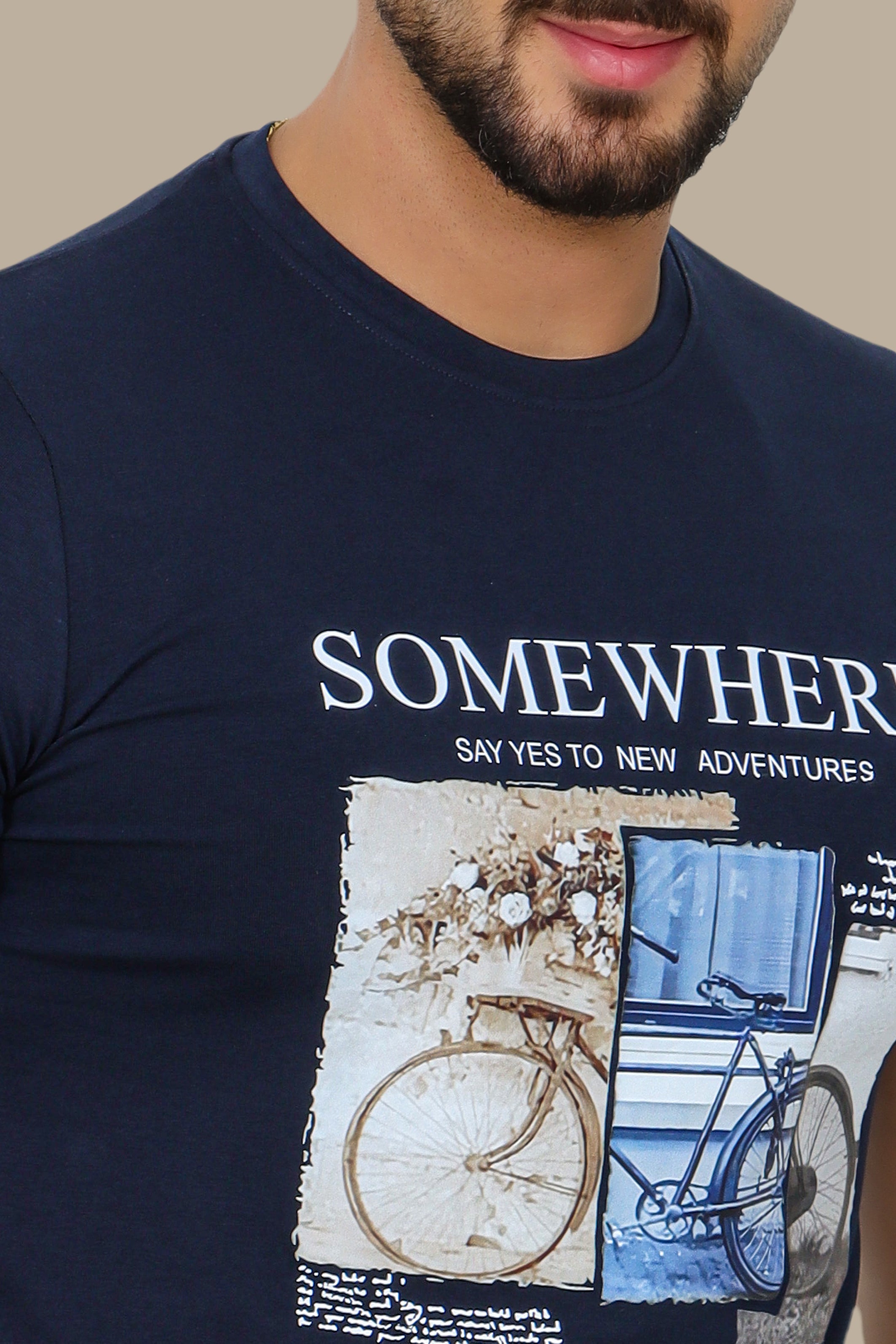Navy T-Shirt with "Somewhere" and Bike Print