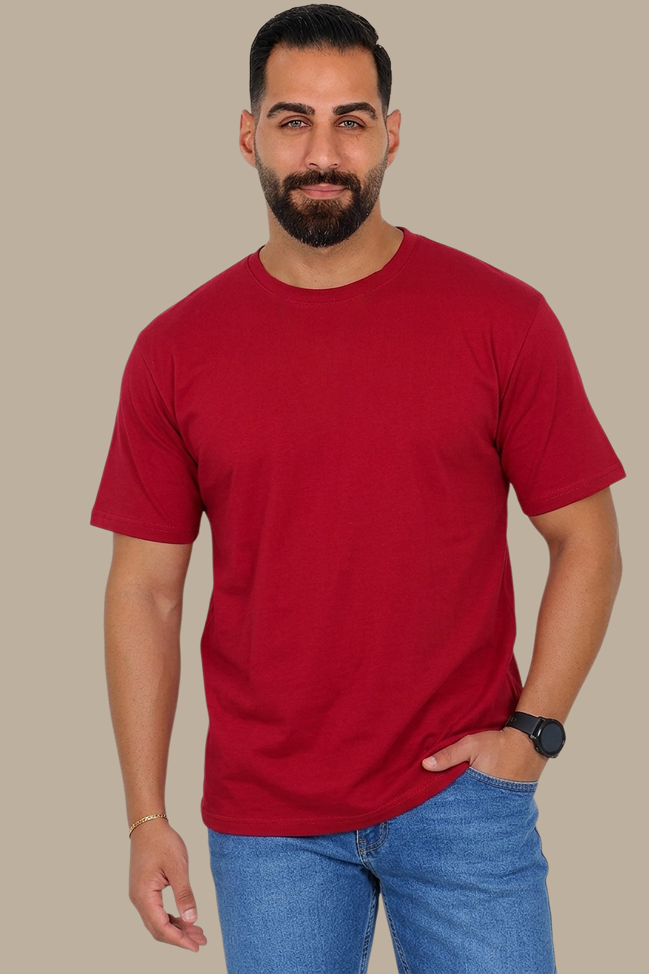 Burgundy Basic Round Neck T-Shirt