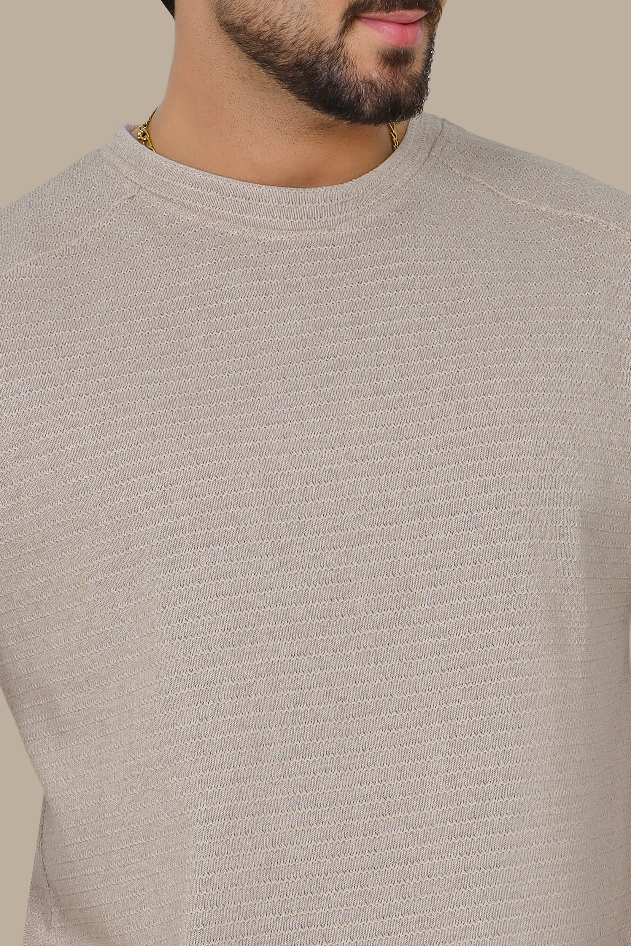 Beige Ribbed T-Shirt with Shoulder Cut