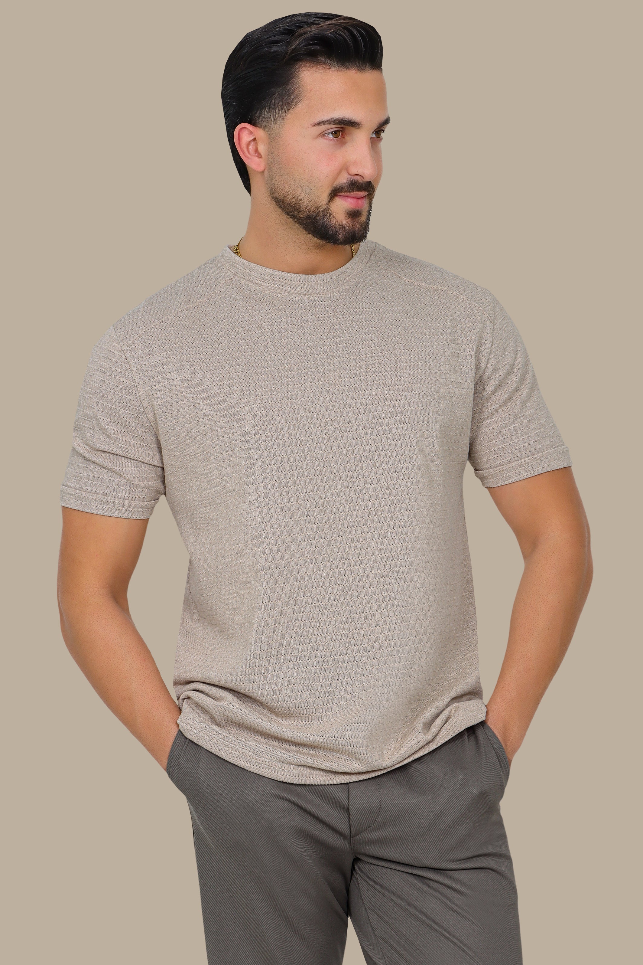 Beige Ribbed T-Shirt with Shoulder Cut