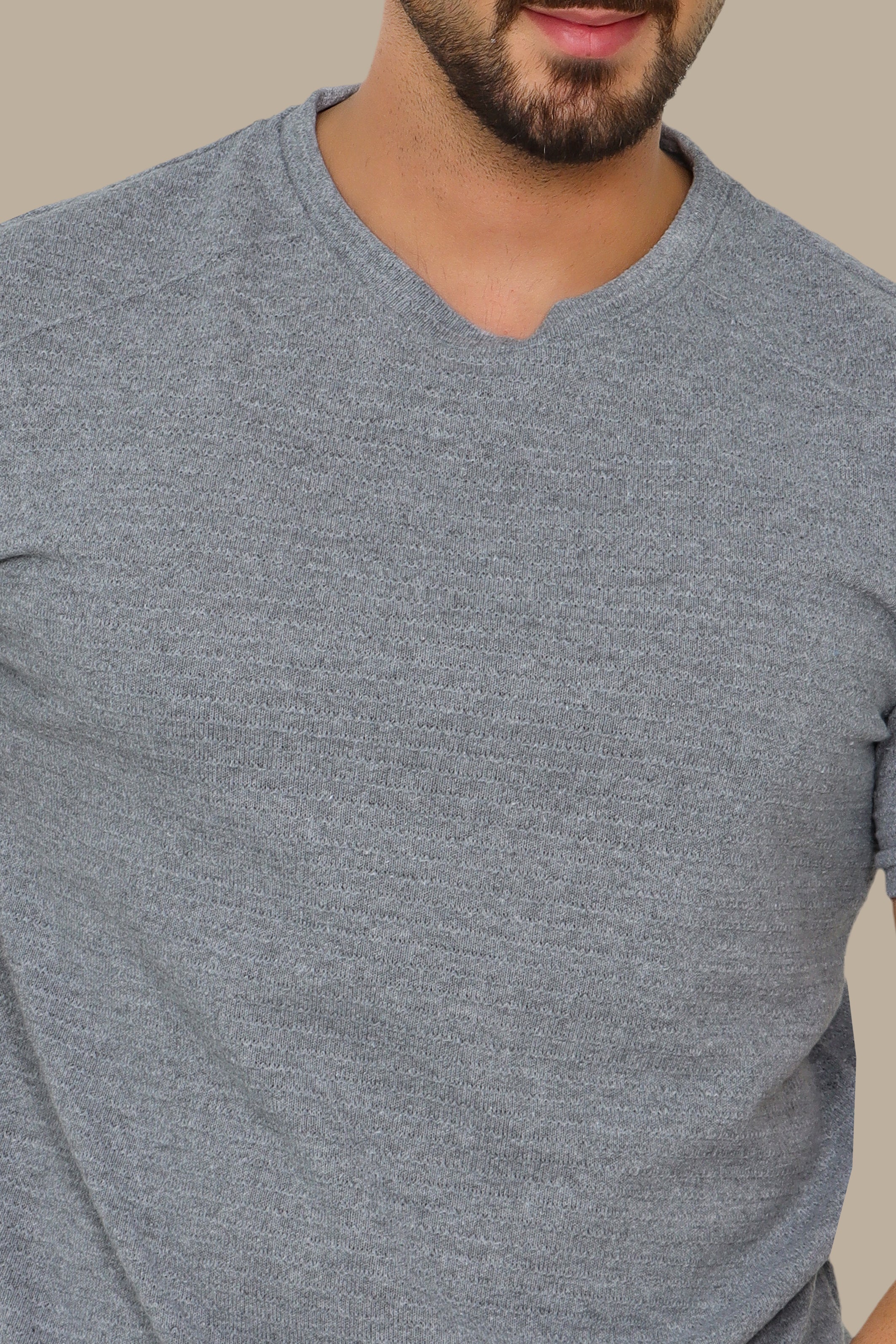 Grey Horizontal Ribbed Shoulder-Cut T-Shirt