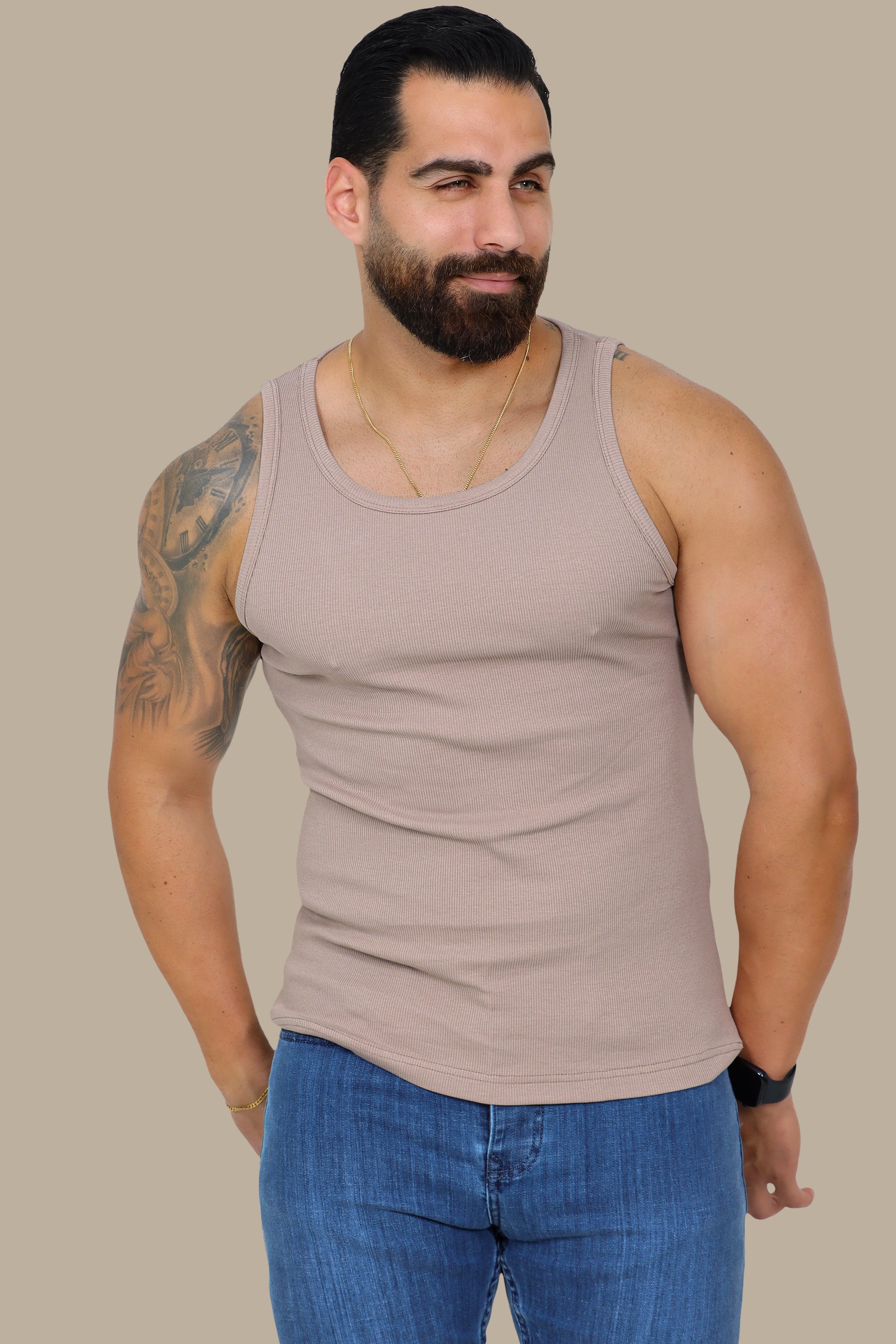 Beige Ribbed Basic I-Shirt