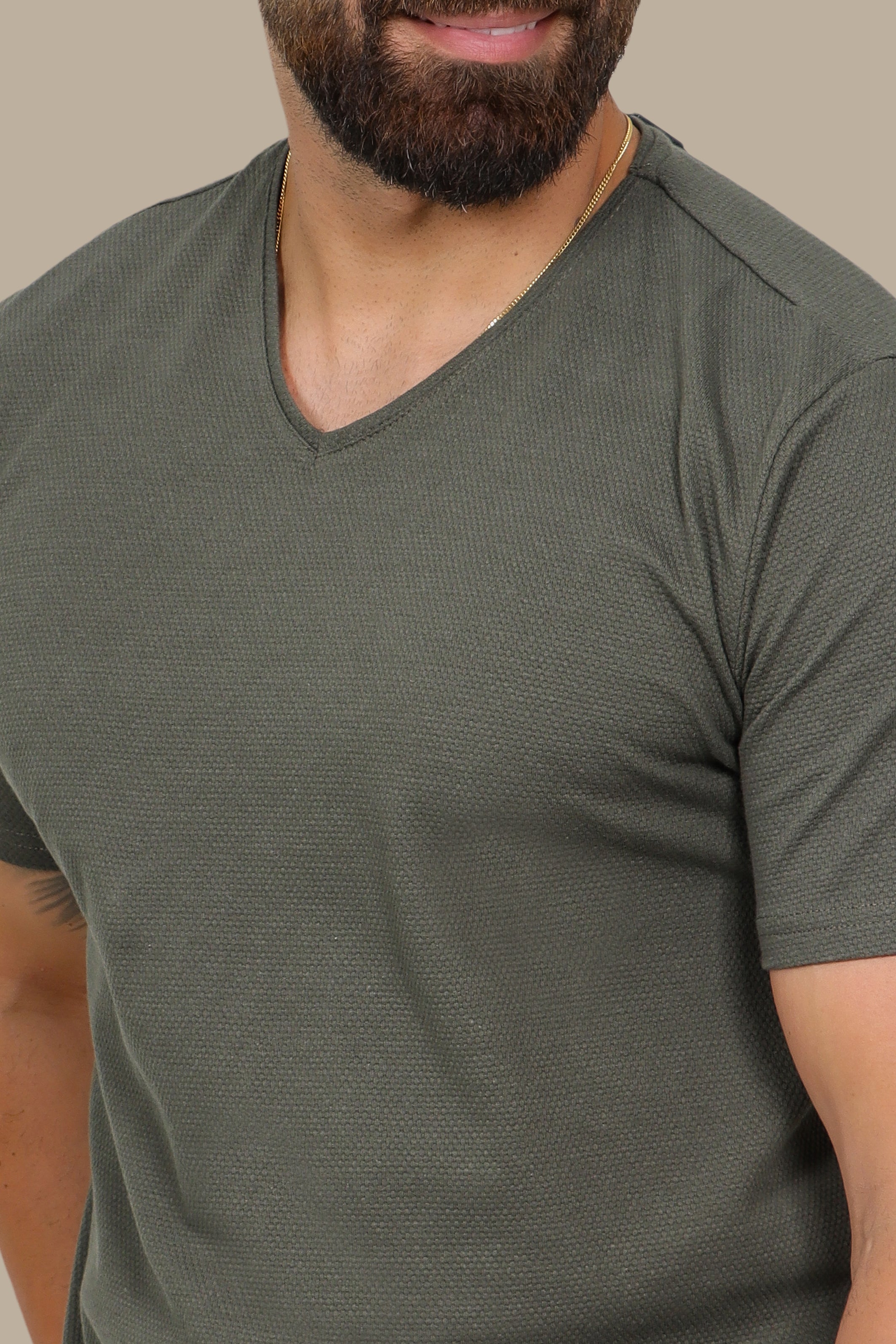 Khaki V-Neck T-Shirt with Bubble Pattern