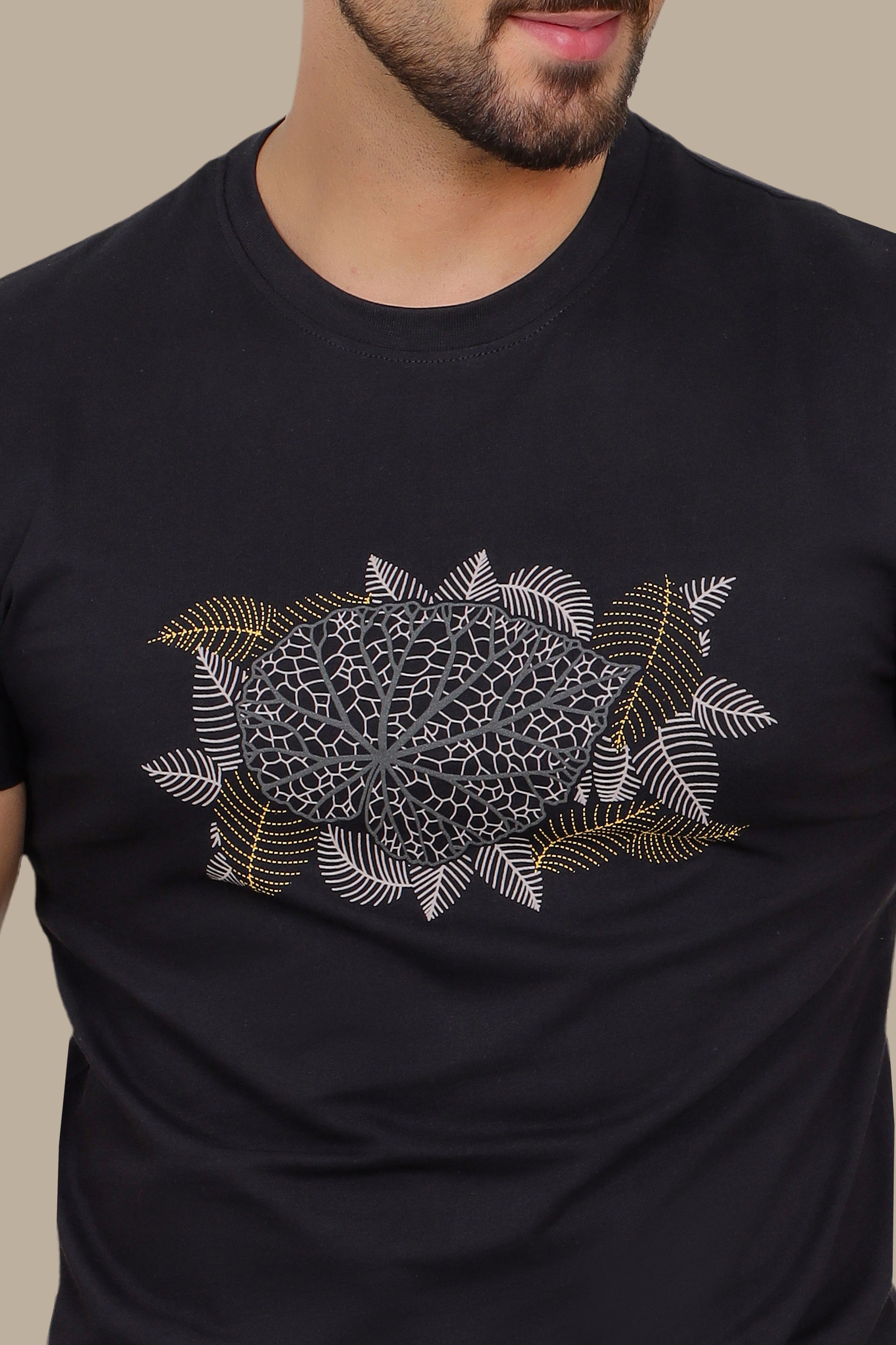 Black T-Shirt with Leaf Print