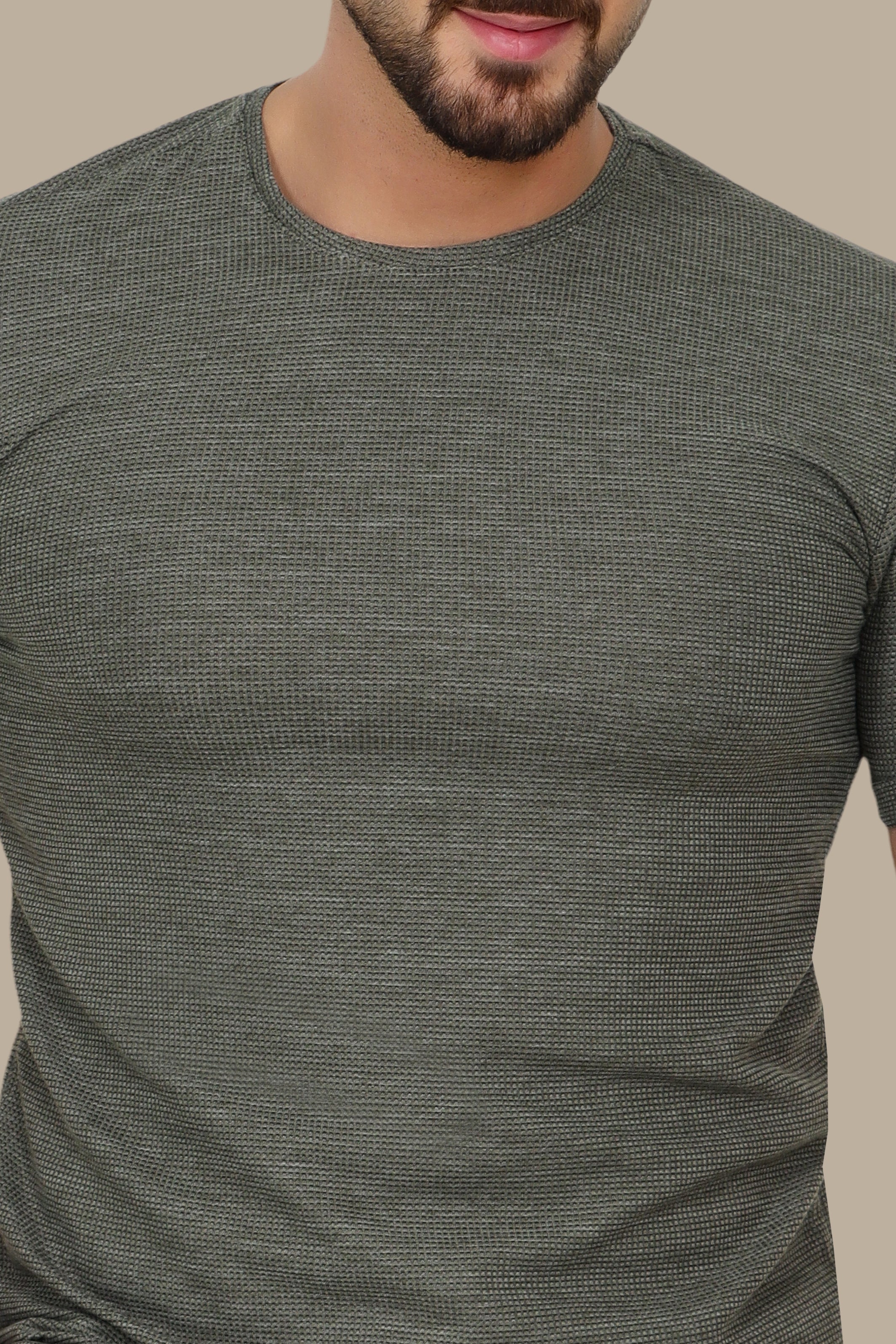 Khaki Textured Round Neck T-Shirt