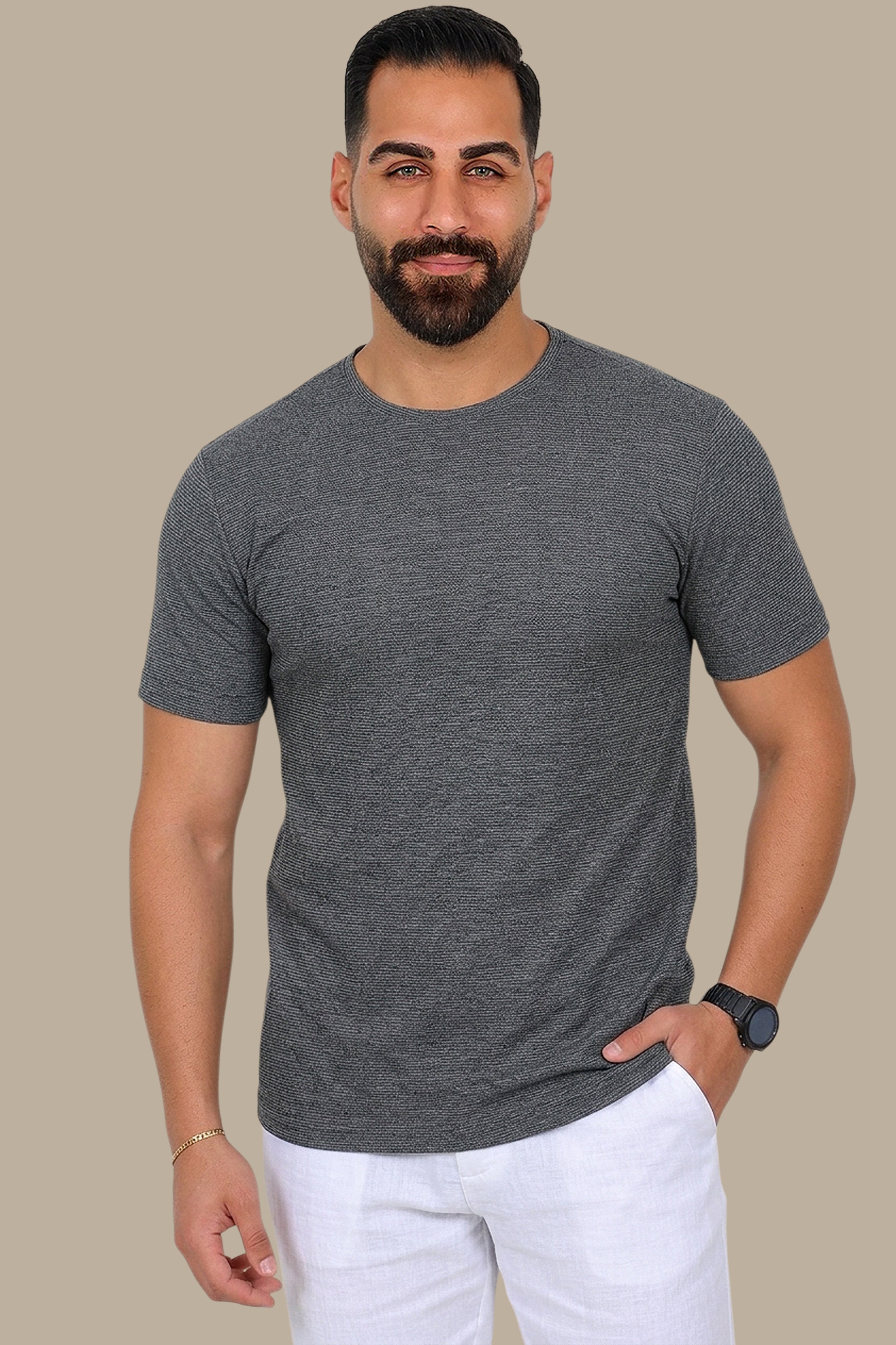 Grey Structured Round Neck T-Shirt