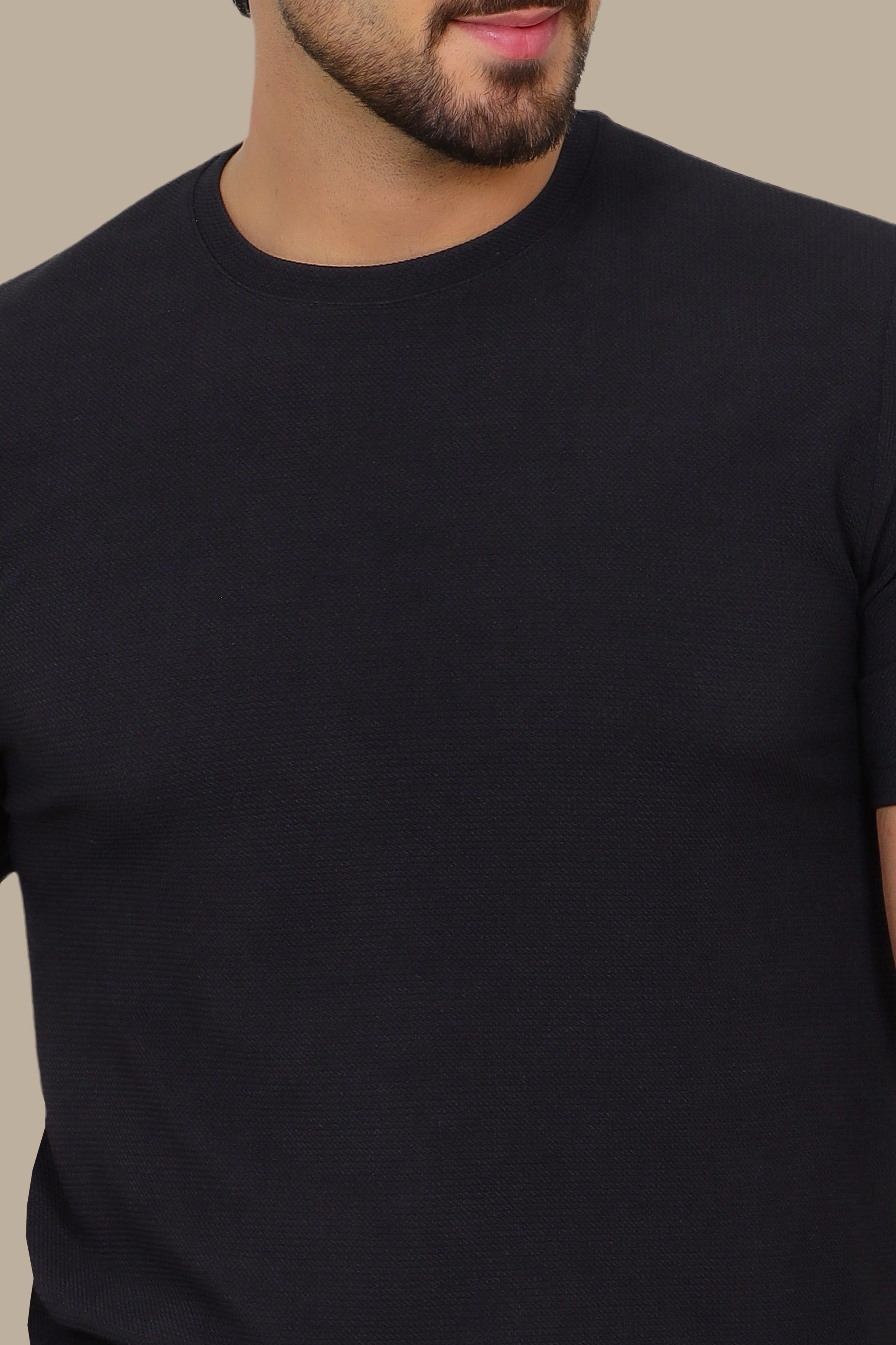 Black Structured Lycra Round Neck T-Shirt
