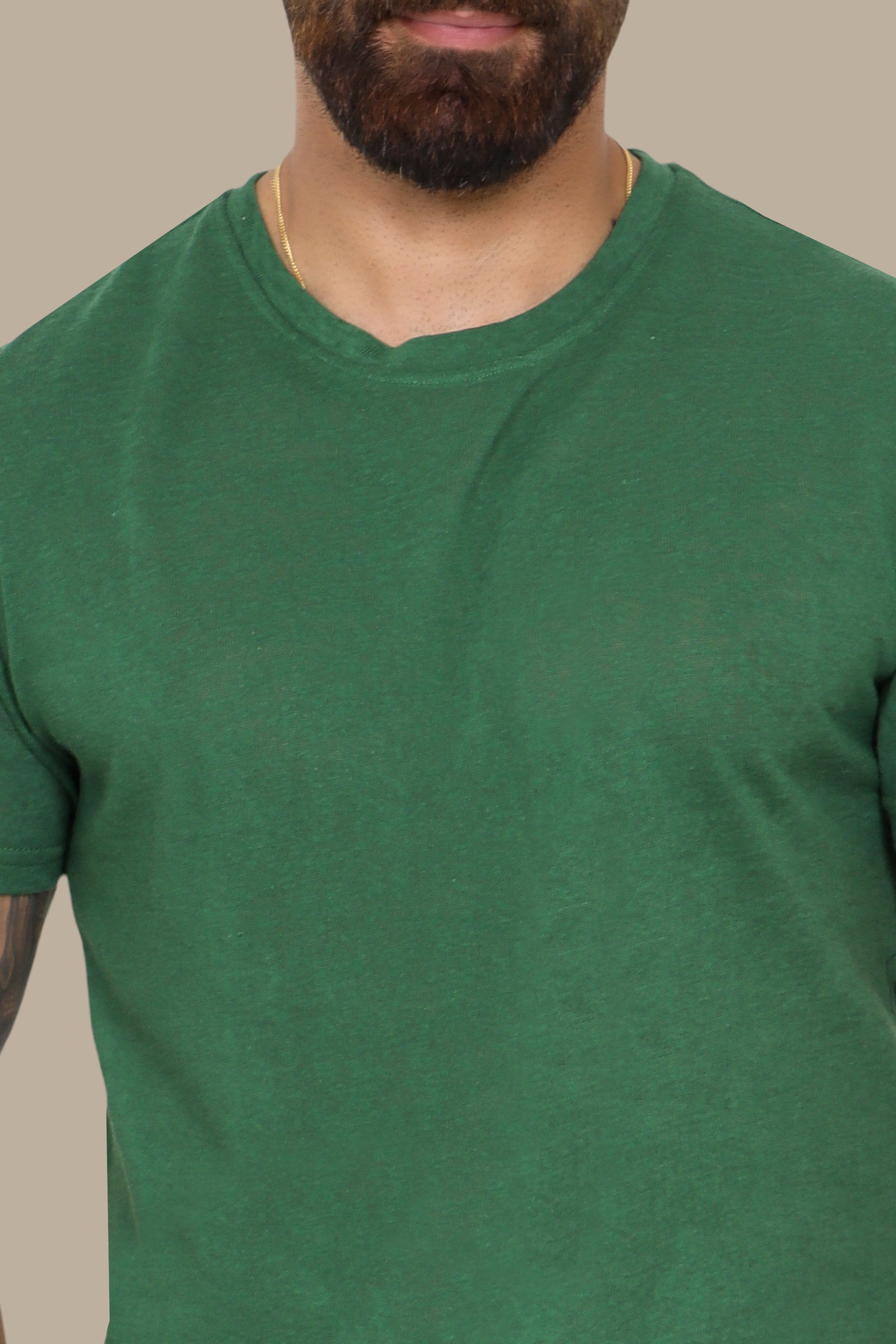 Green Linen Short Sleeve T-Shirt with Round Neck