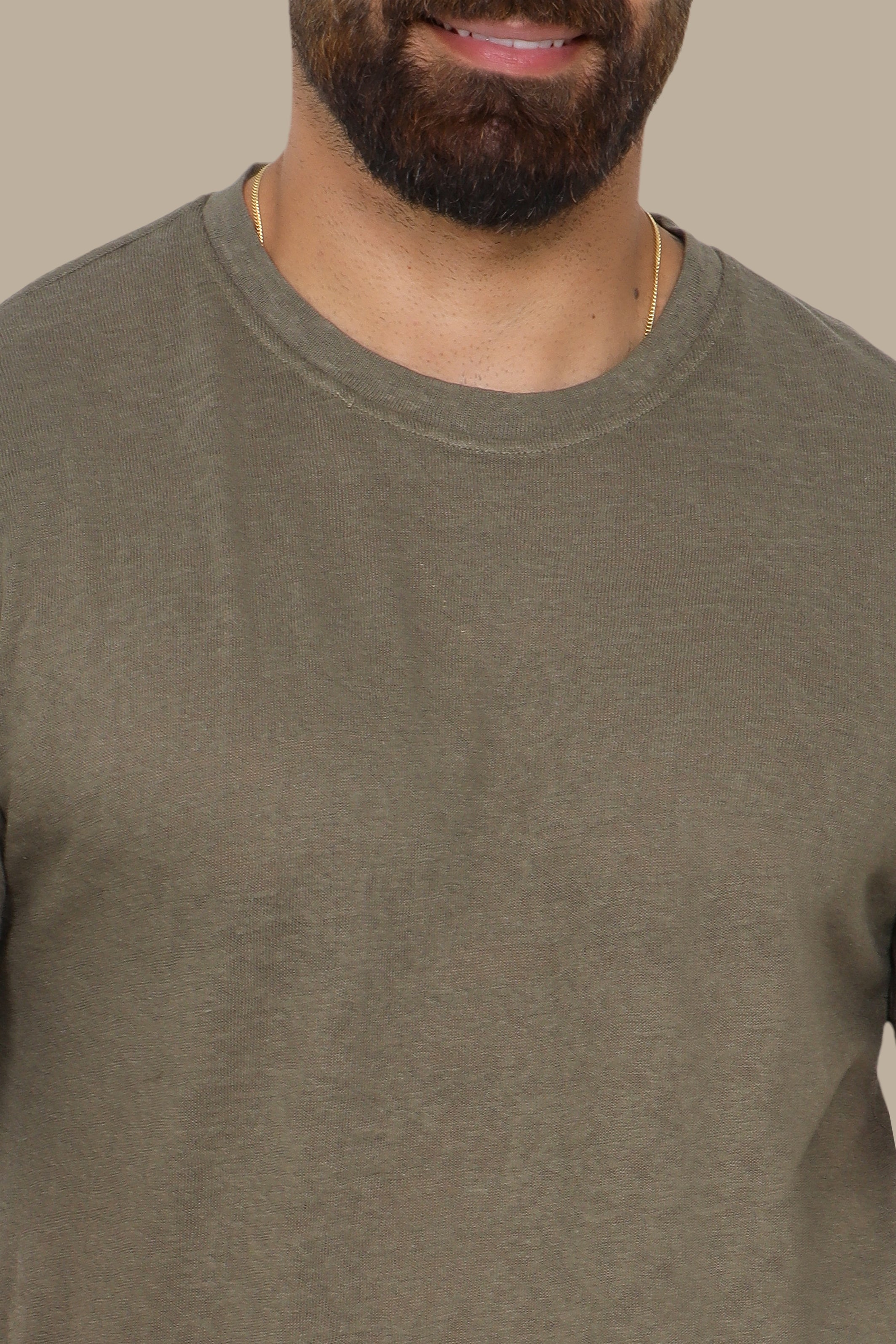 Khaki Linen T-Shirt with Round Neck