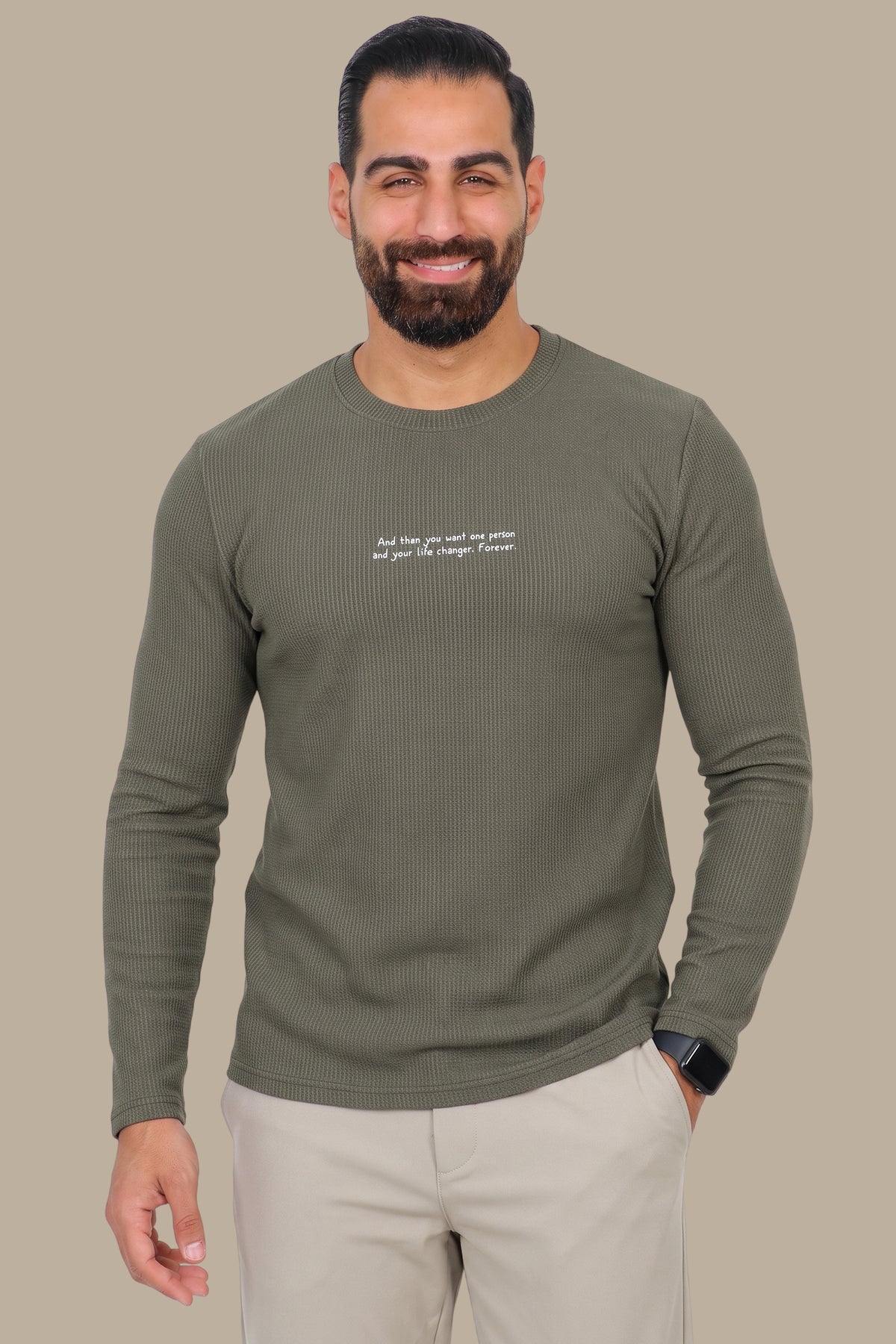 Ribbed Long-Sleeve Top Olive with Quote Print