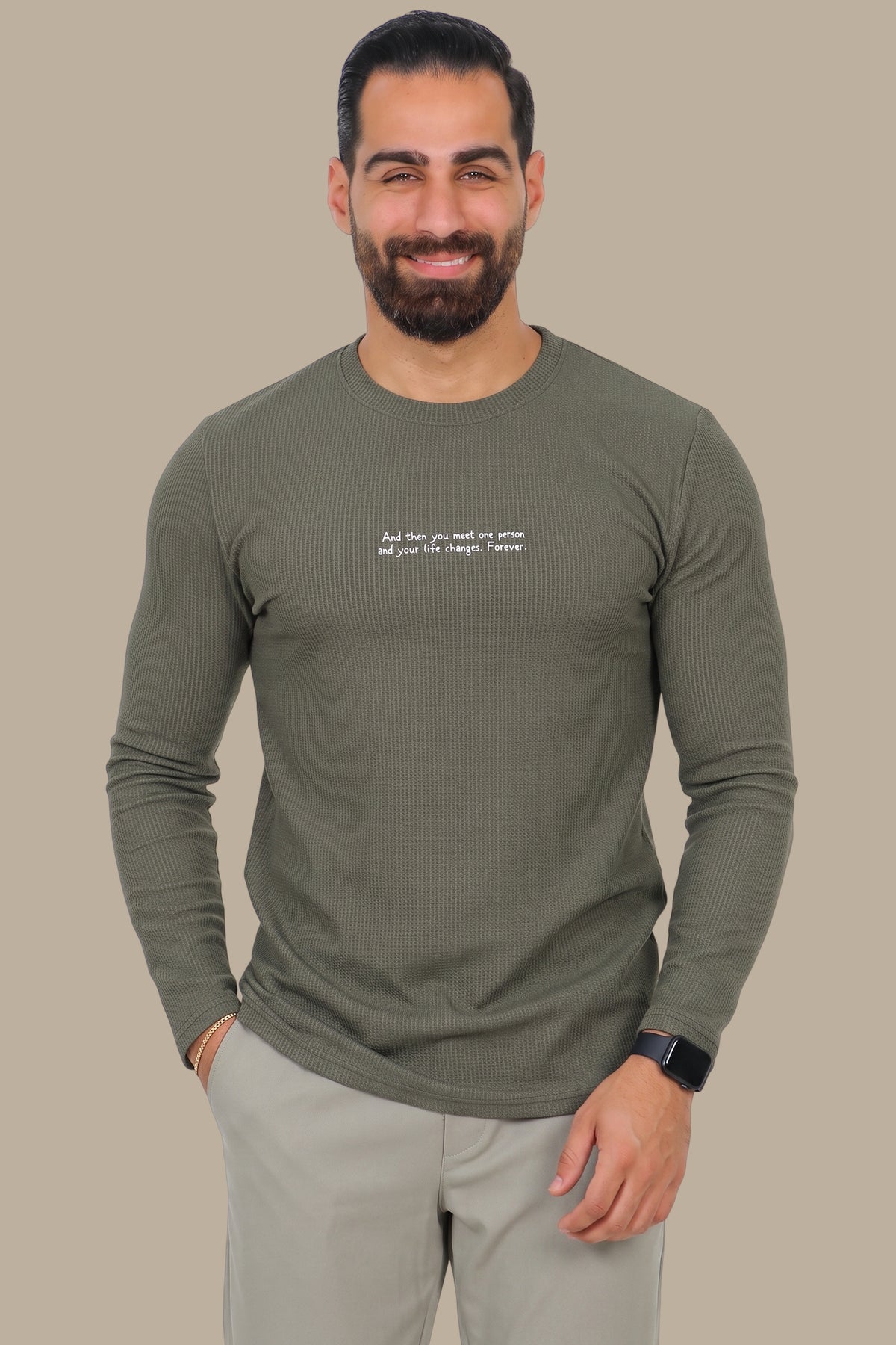 Ribbed Long-Sleeve Top Olive with Quote Print