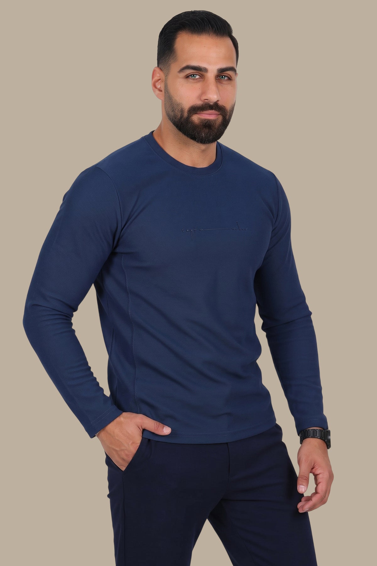 Blue “September” Diagonal-Textured Long Sleeve