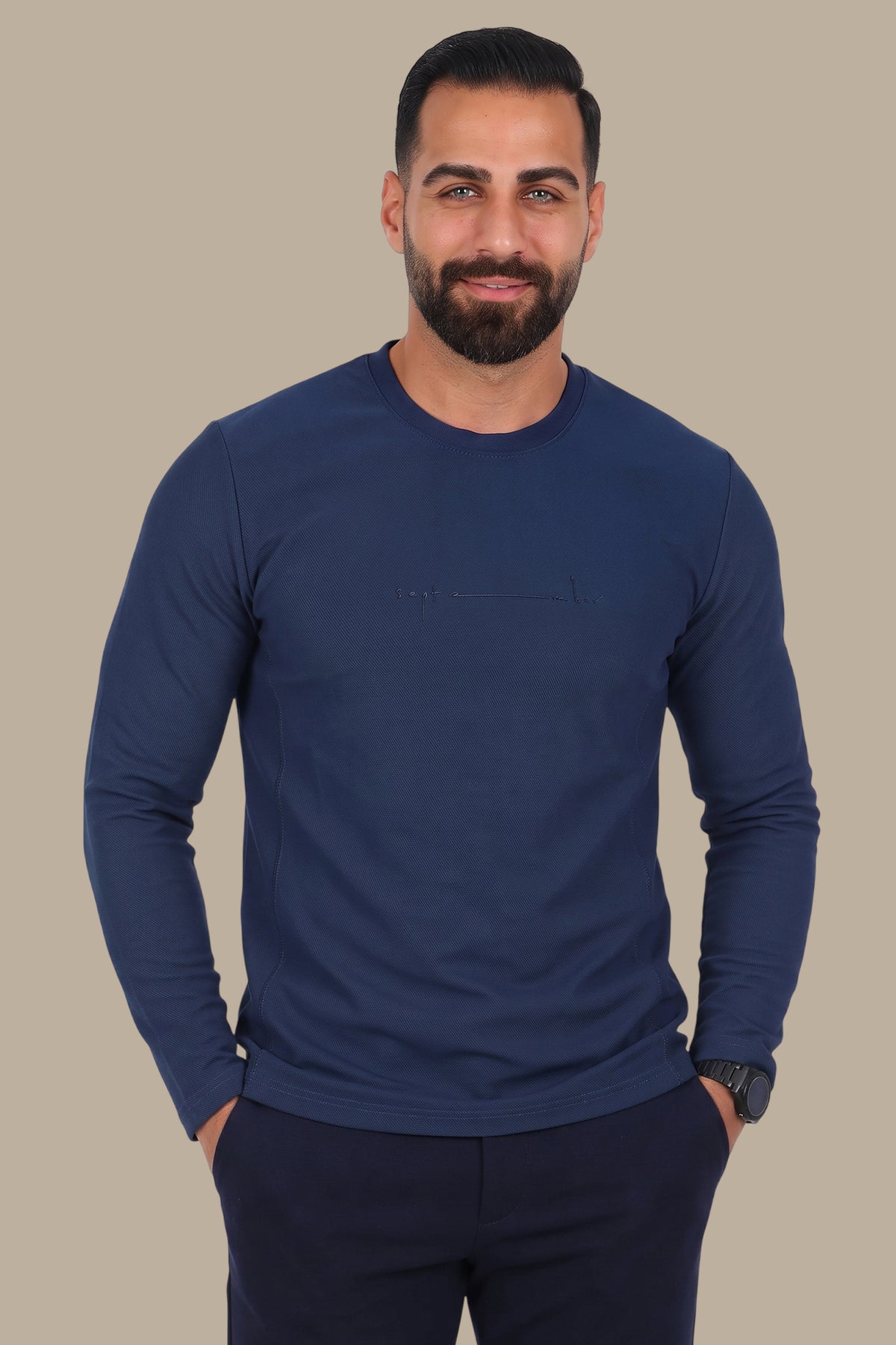 Blue “September” Diagonal-Textured Long Sleeve