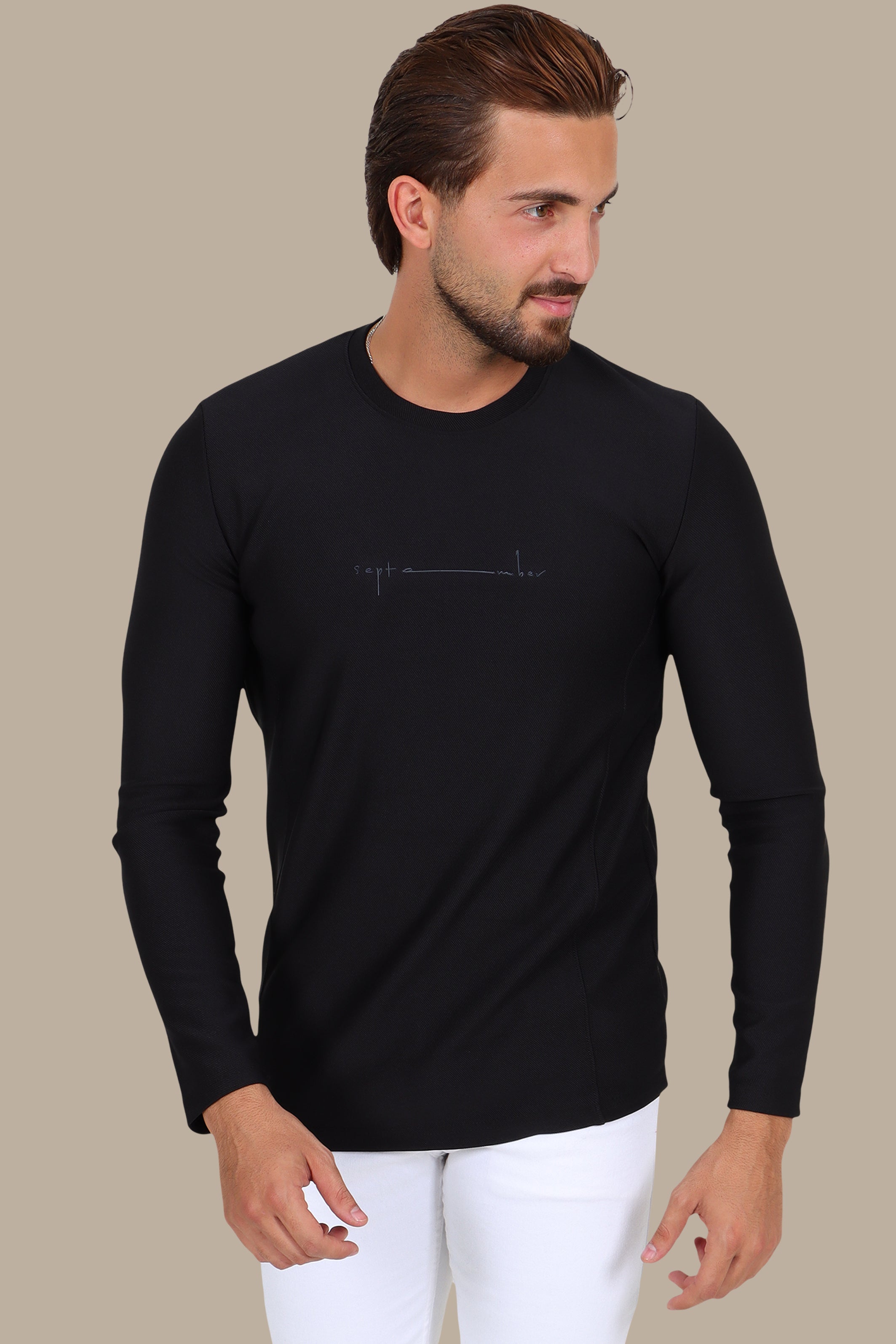 Black “September” Diagonal-Textured Long Sleeve