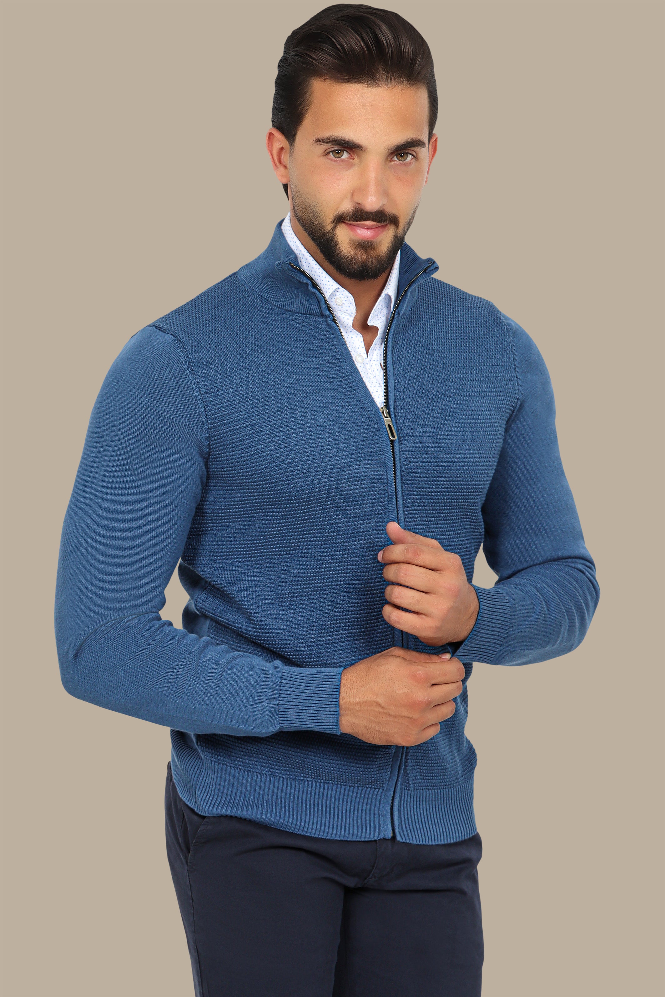 Blue Full-Zip Cardigan with Bee Print