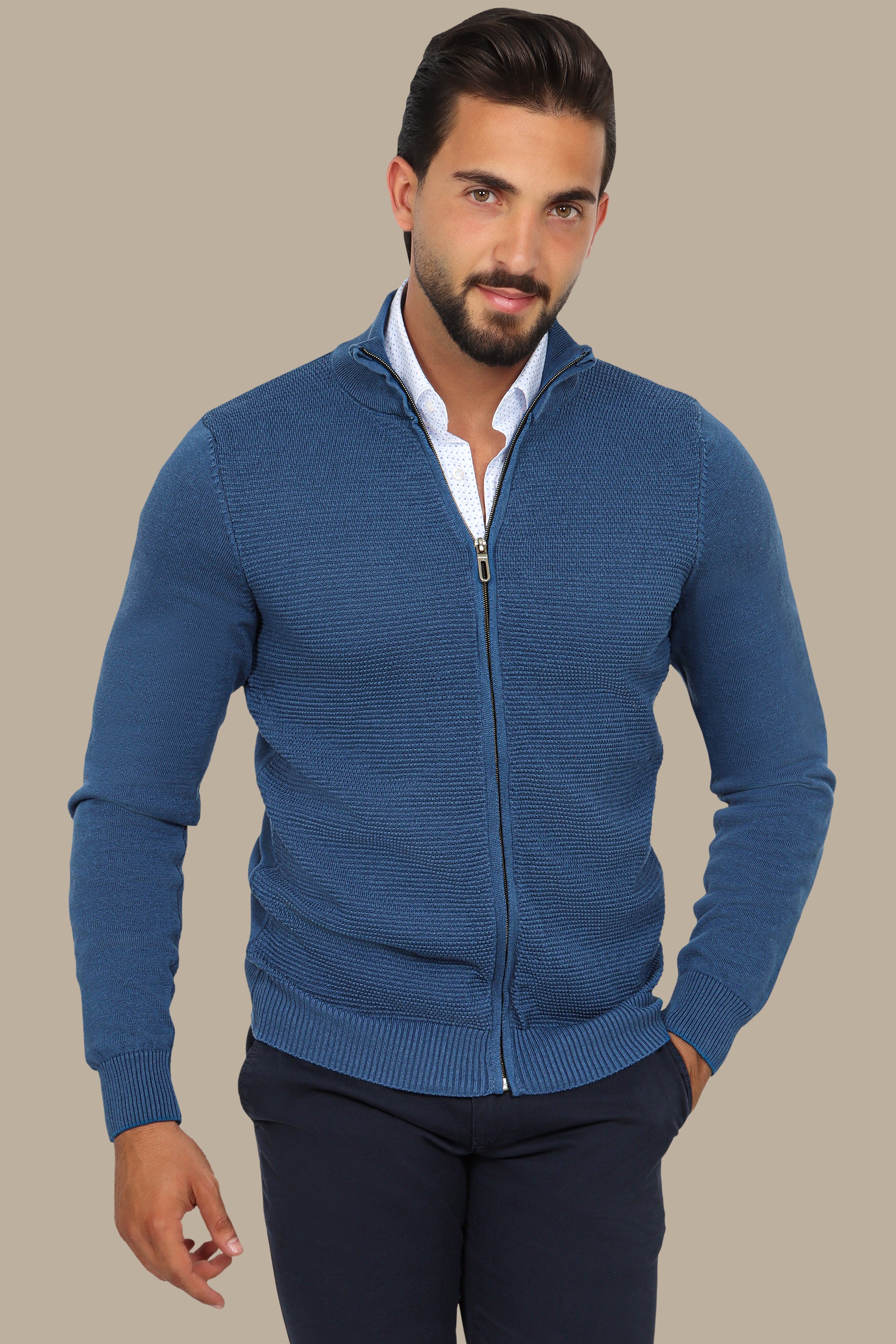 Blue Full-Zip Cardigan with Bee Print