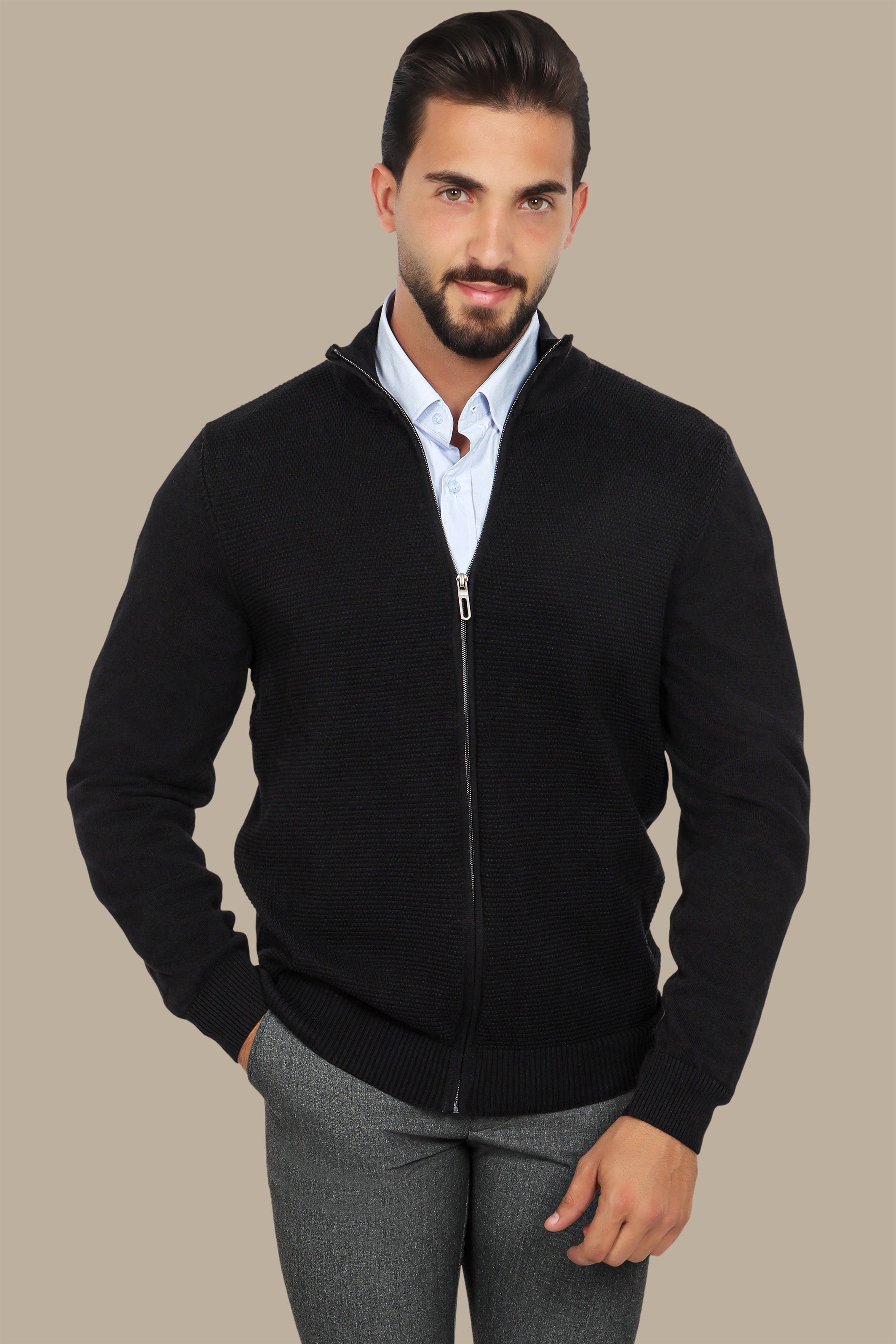 Black Full-Zip Cardigan with Bee Print