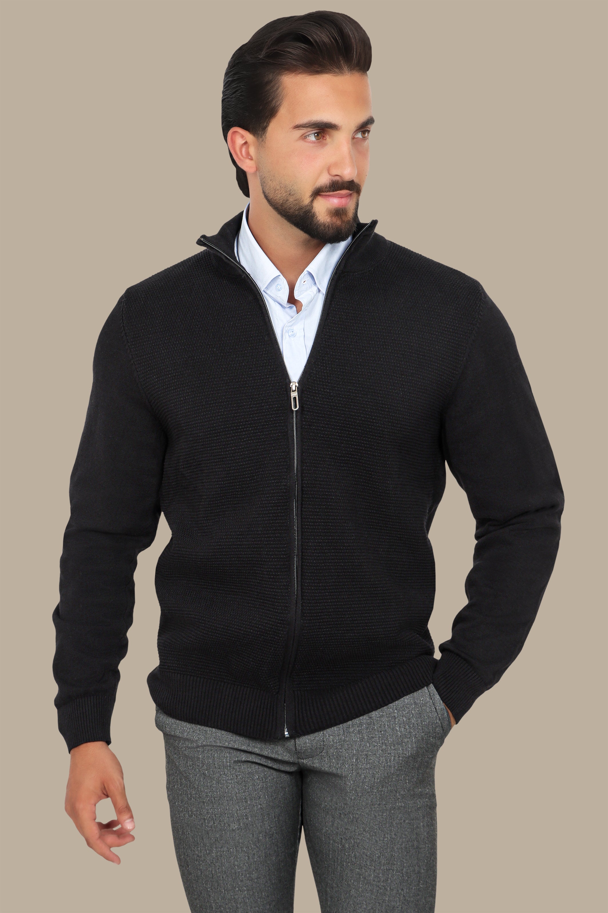 Black Full-Zip Cardigan with Bee Print