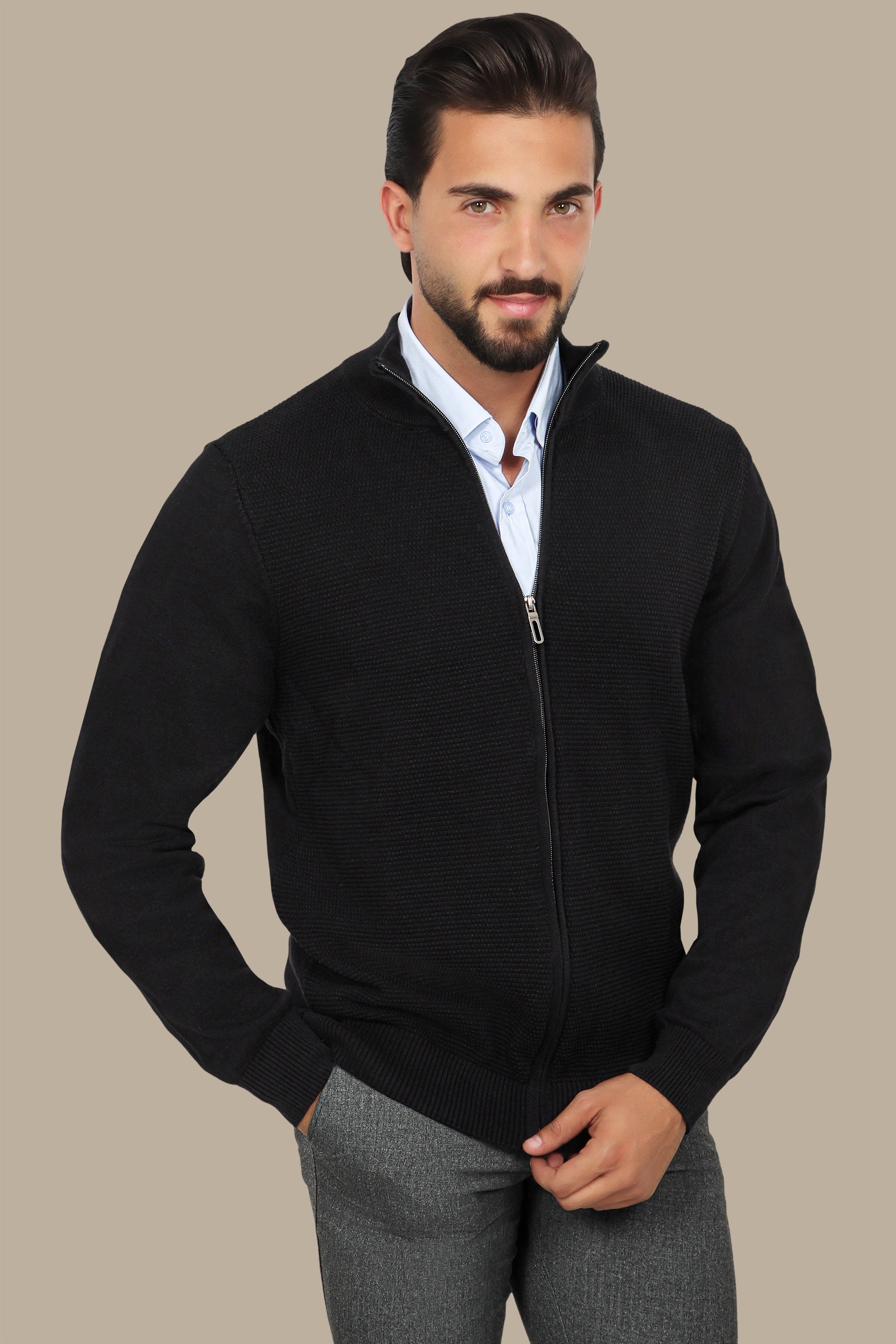 Black Full-Zip Cardigan with Bee Print