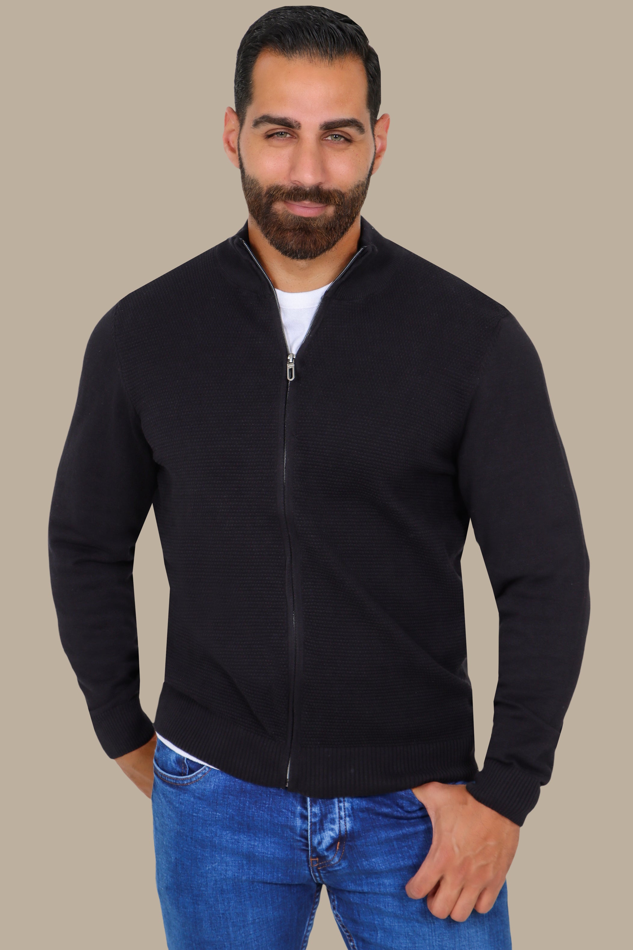 Black Full-Zip Cardigan with Bee Print
