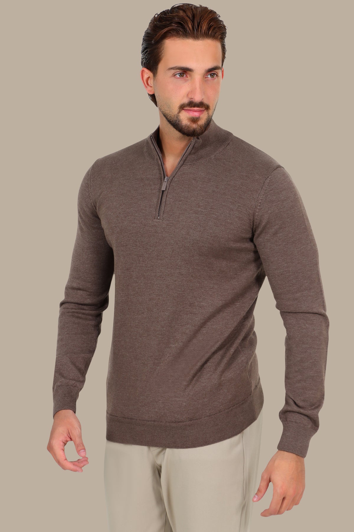 Half Zipper Cotton Sweater in Light Brown