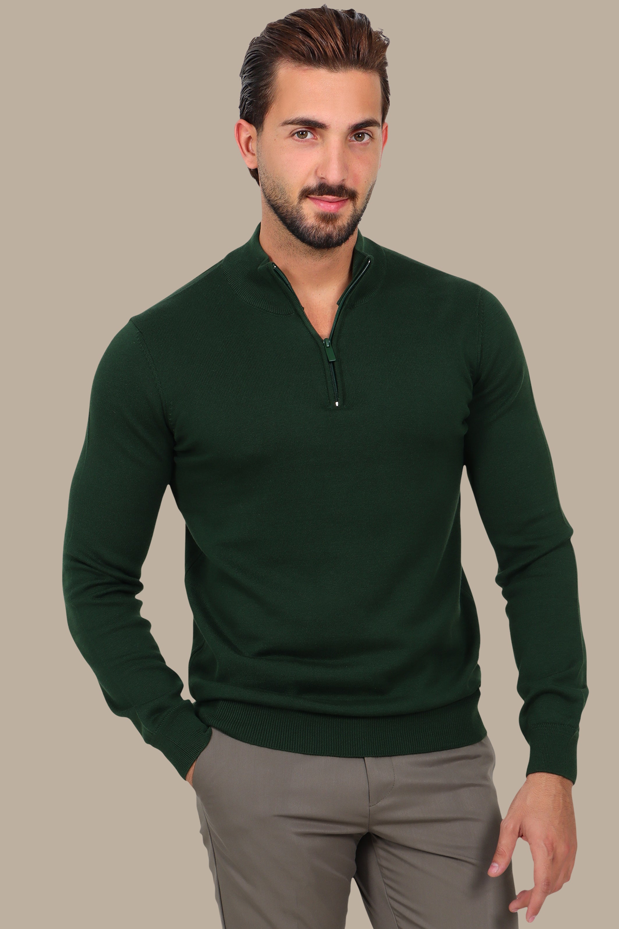 Green Cotton Half-Zip Sweater