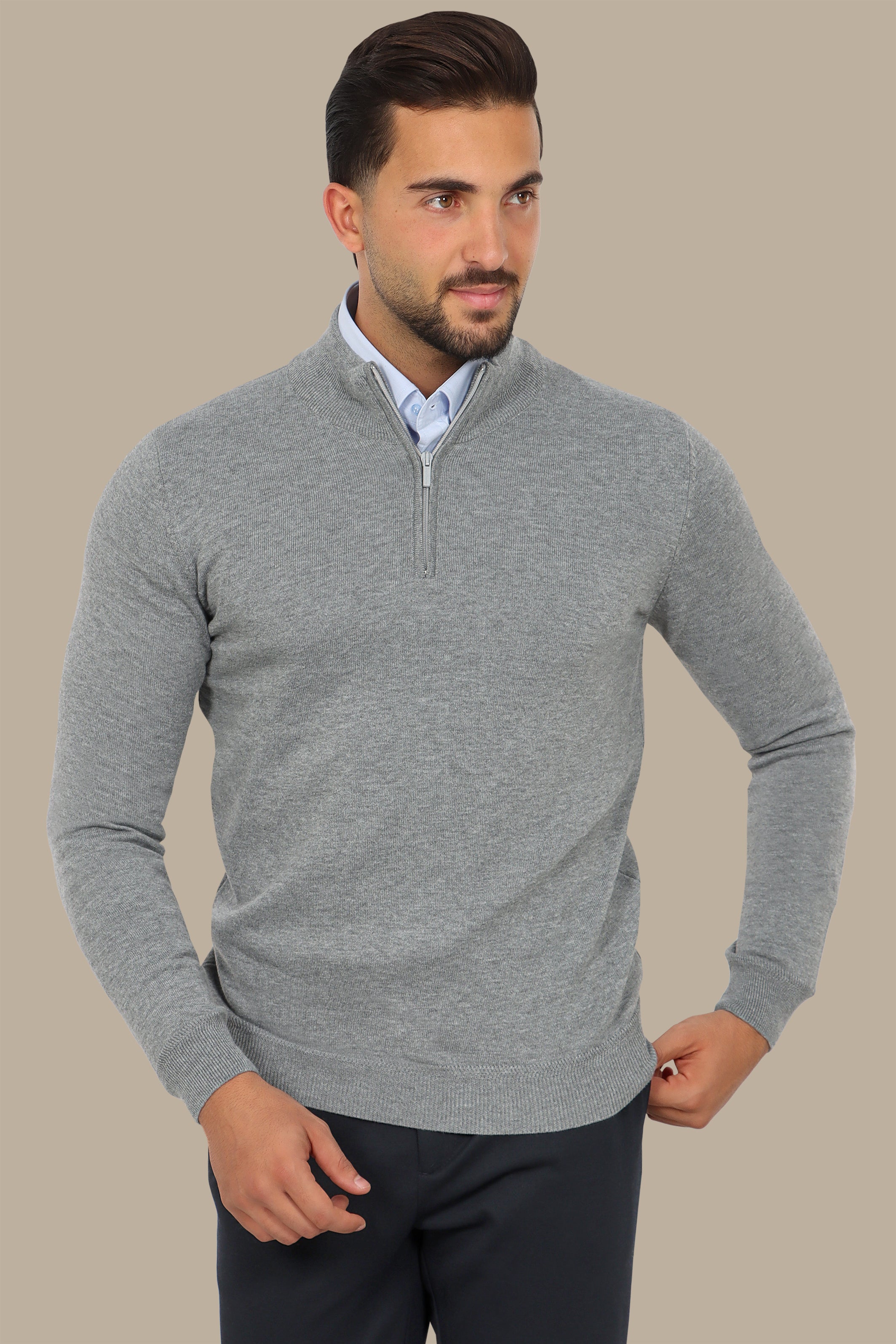 Grey Cotton Sweater with Half Zipper