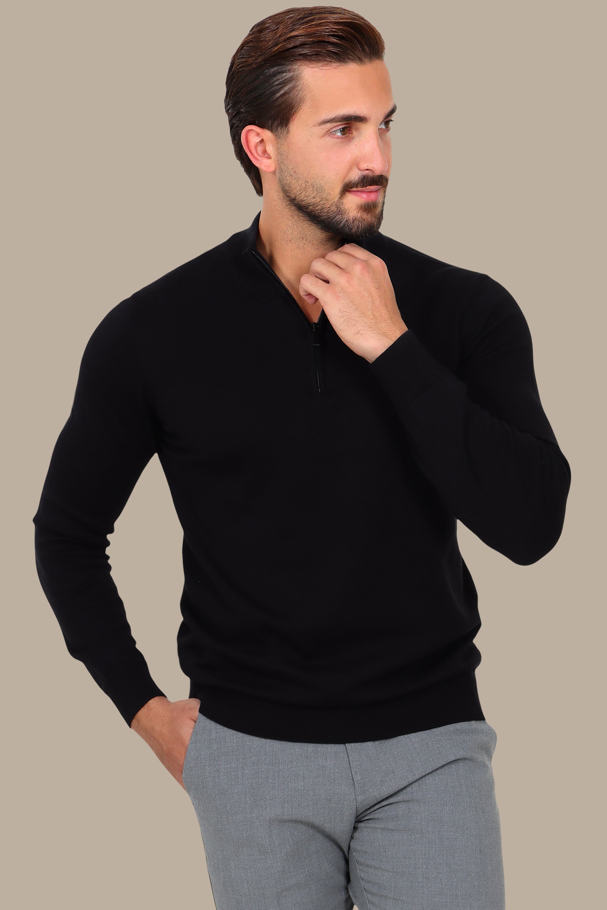Black Half Zipper Cotton Sweater
