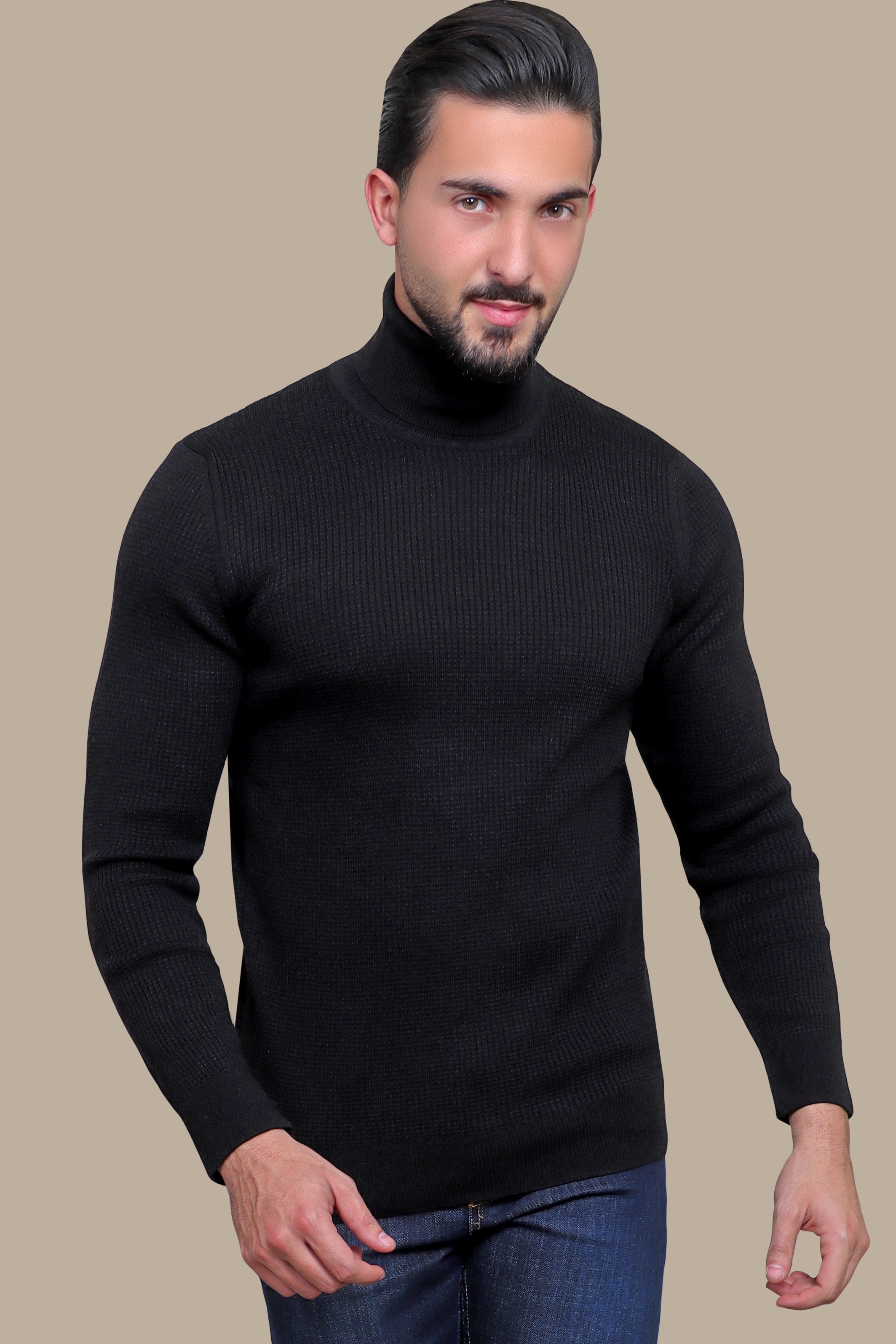 Opulent Noir: Structured Black Turtle Neck Sweater