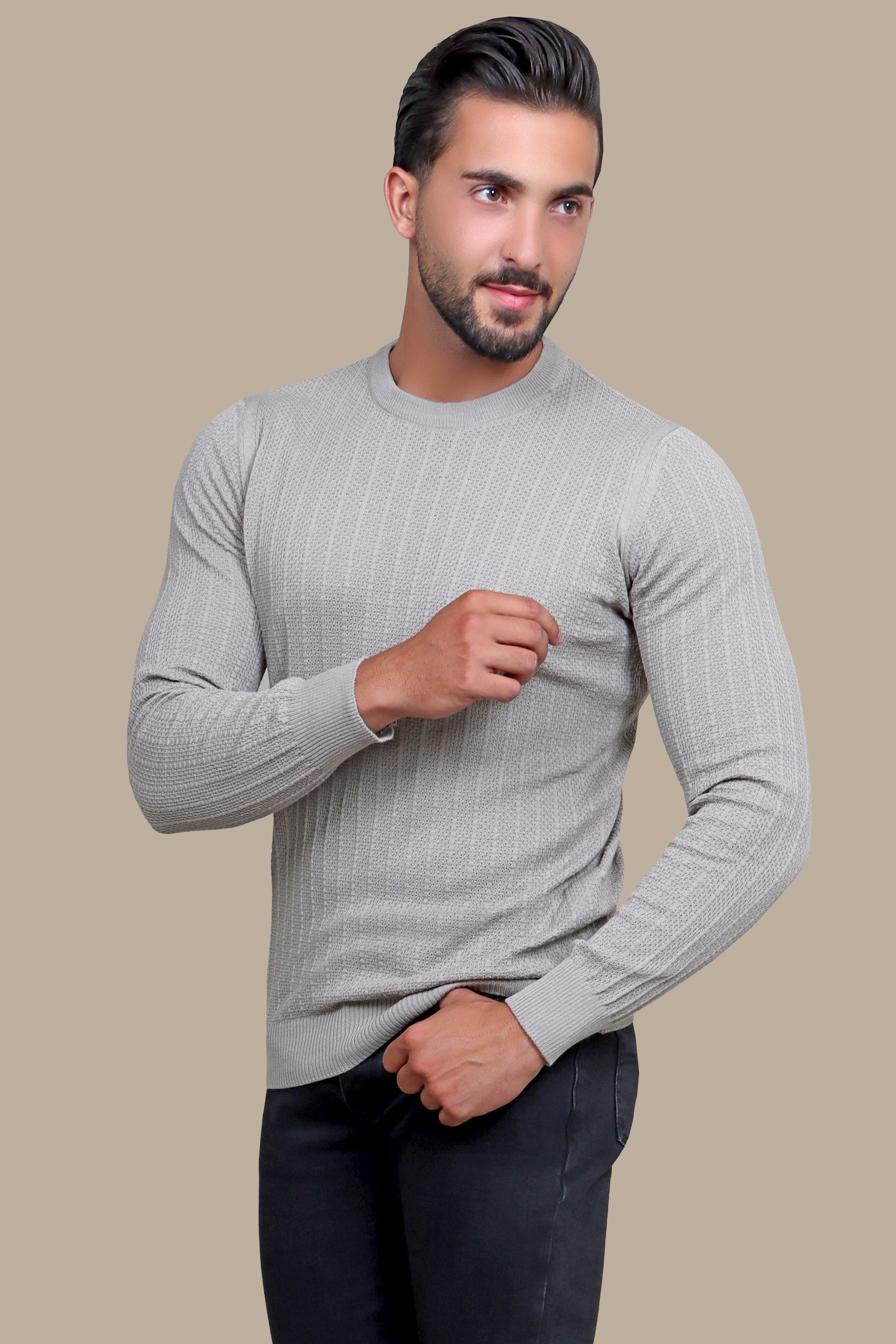 Beige Striped Round Neck Sweater: Cozy Structure for Everyday Style