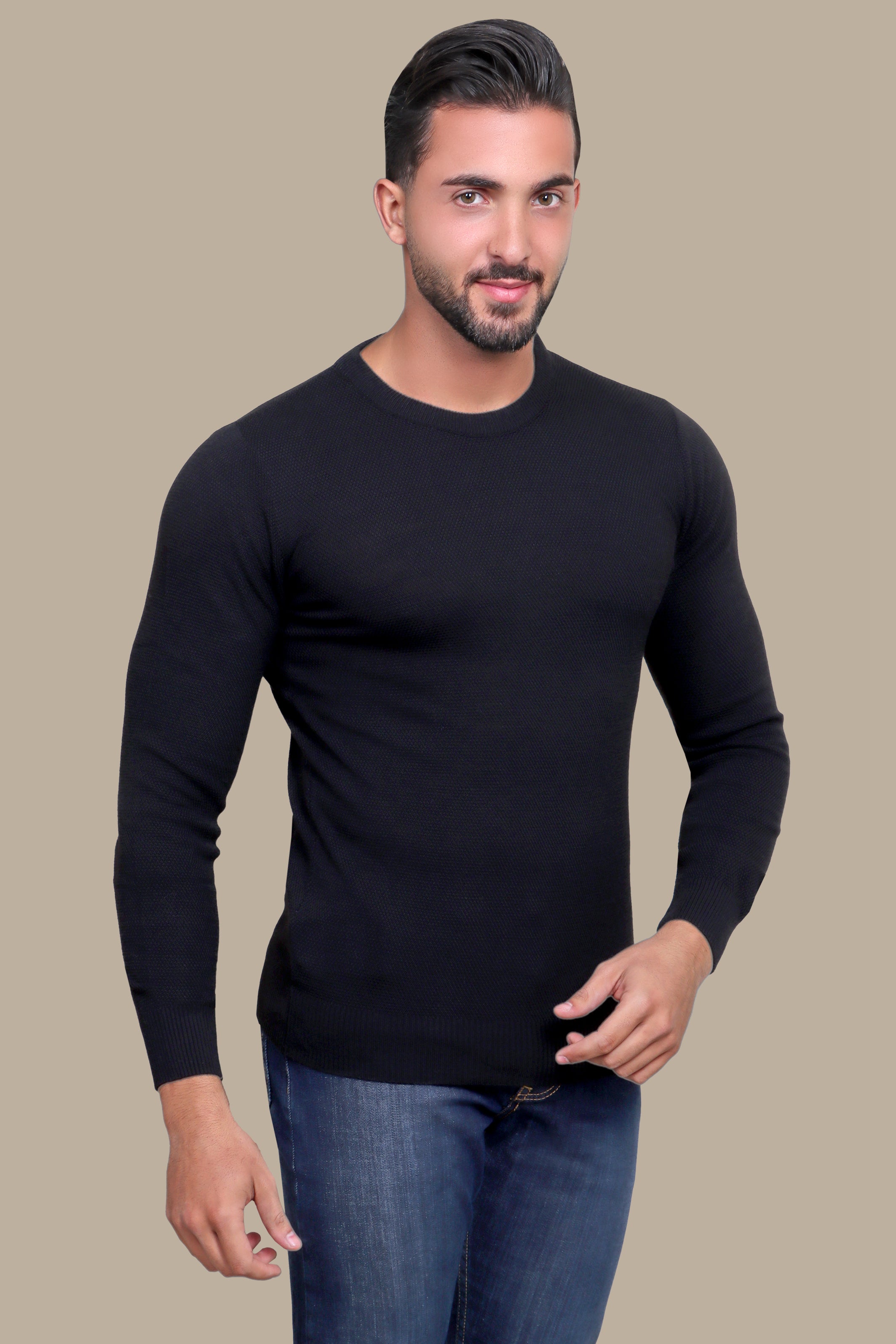 Black Round Neck Structured Sweater