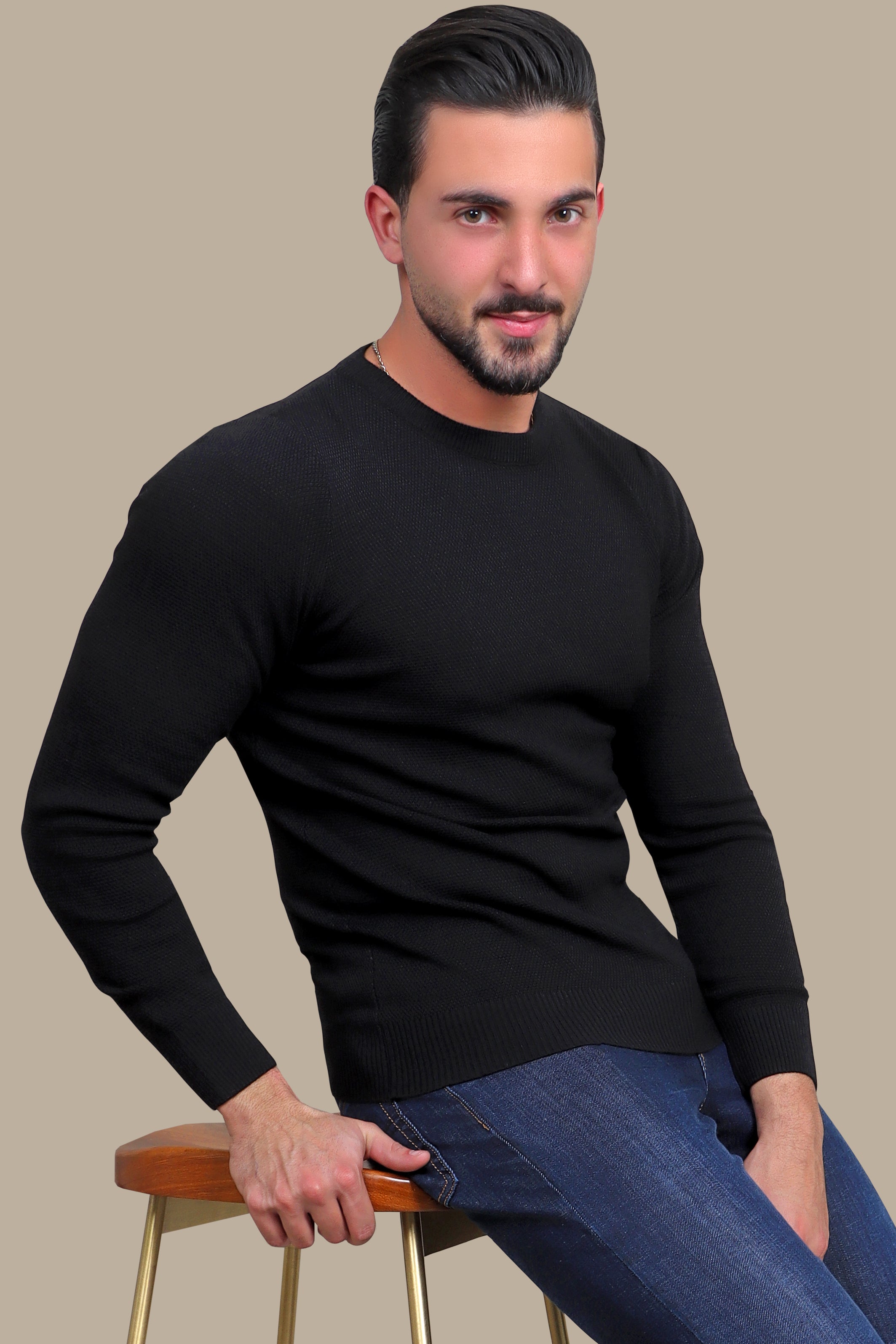 Black Round Neck Structured Sweater