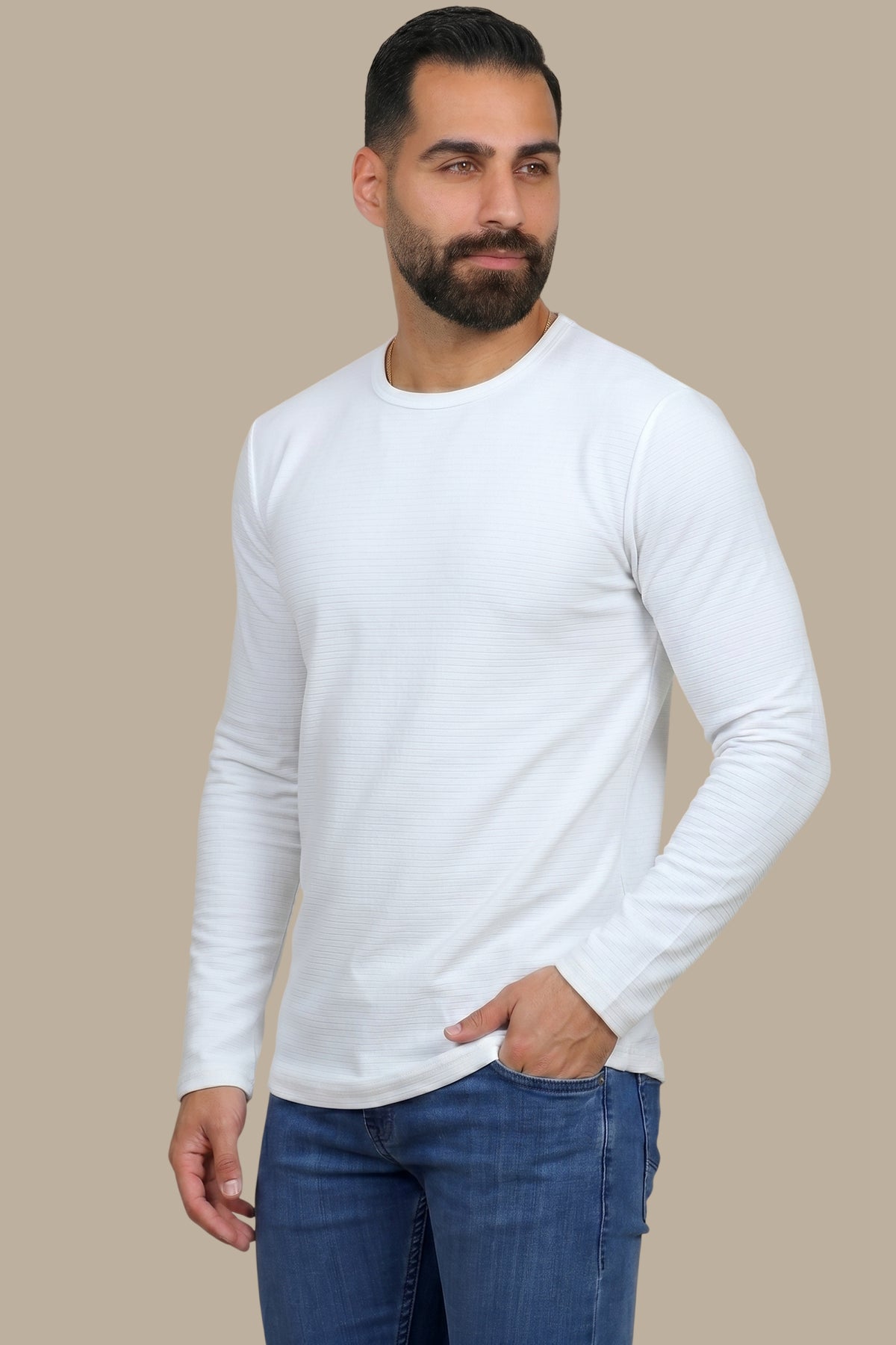 Pure Elegance: White Ribbed Structured Round Neck Sweater