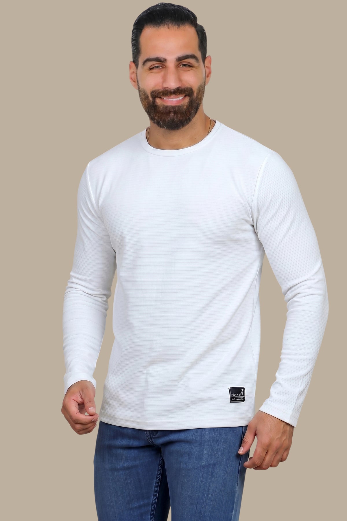 Pure Elegance: White Ribbed Structured Round Neck Sweater