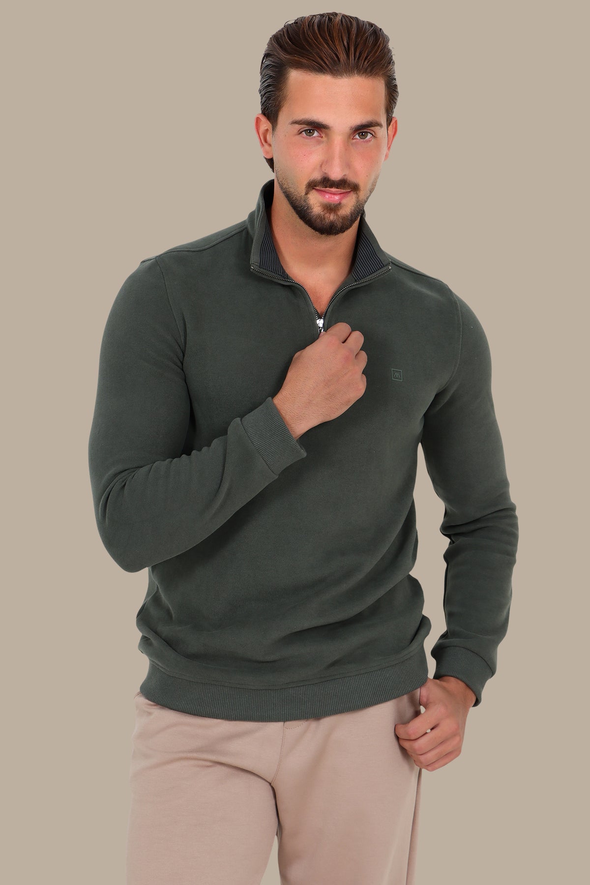 Half Zipper Velvet Sweater in Khaki