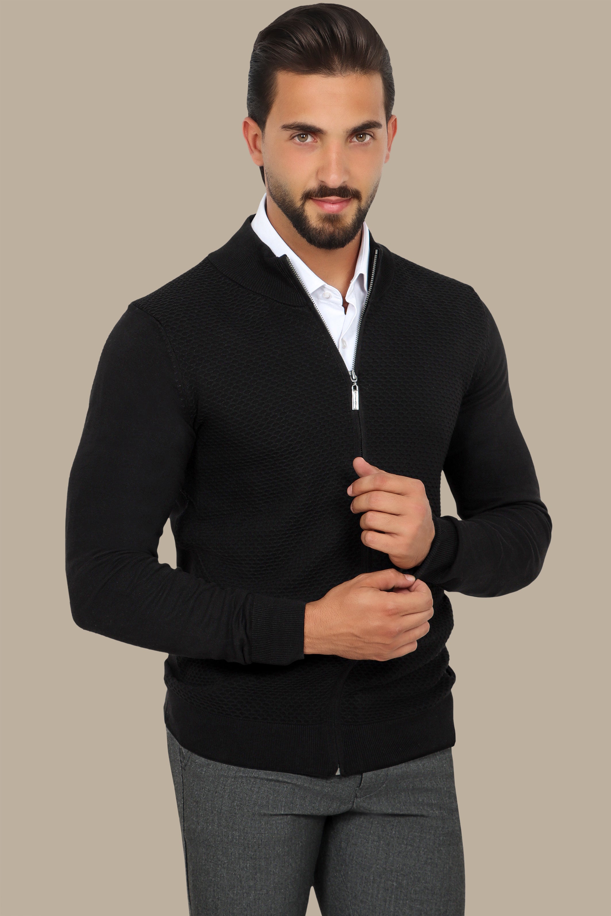 Black Full-Zip Cardigan with Honey Print