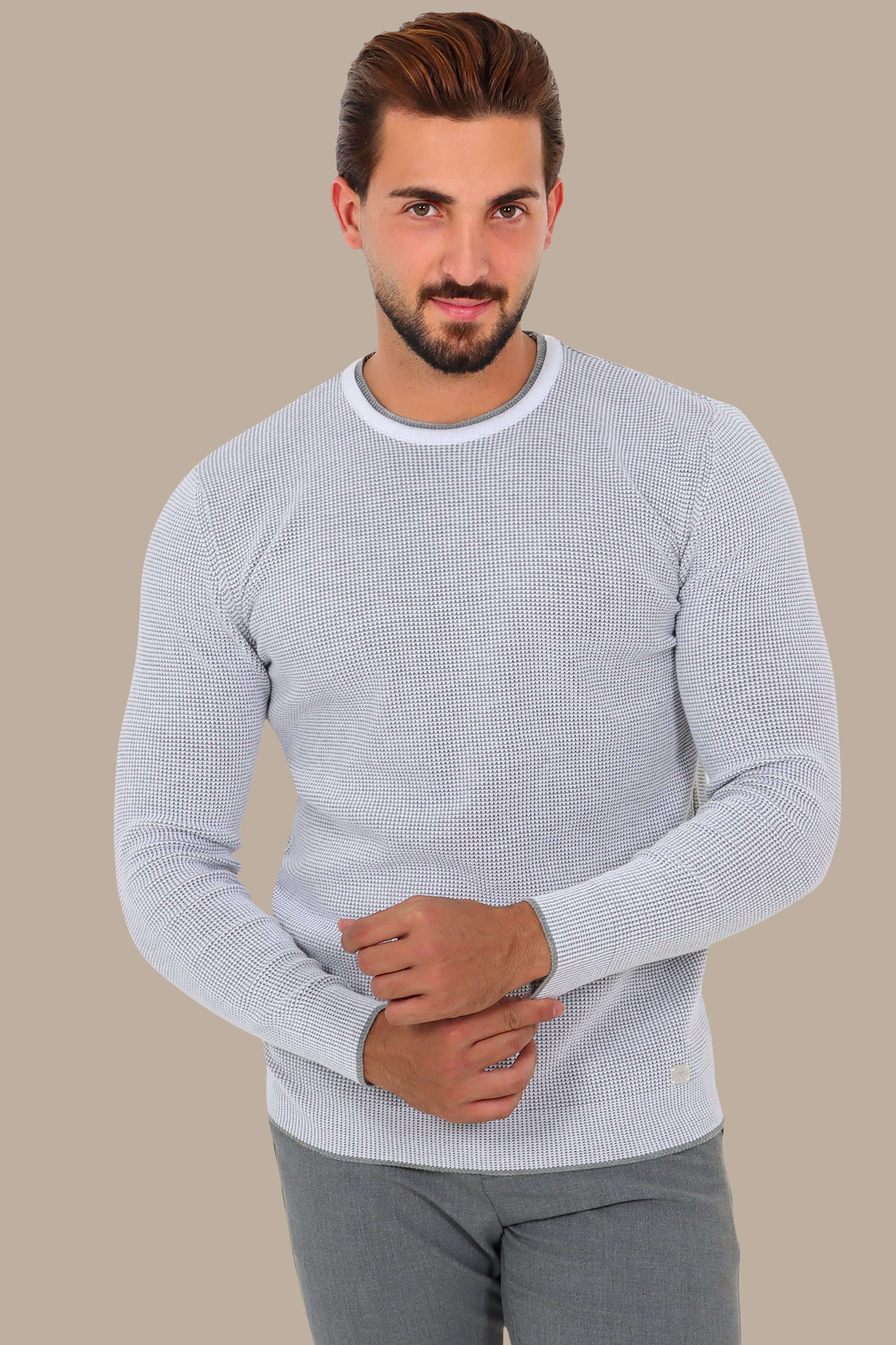 Light Grey Top with Structured Pattern and Double Collar