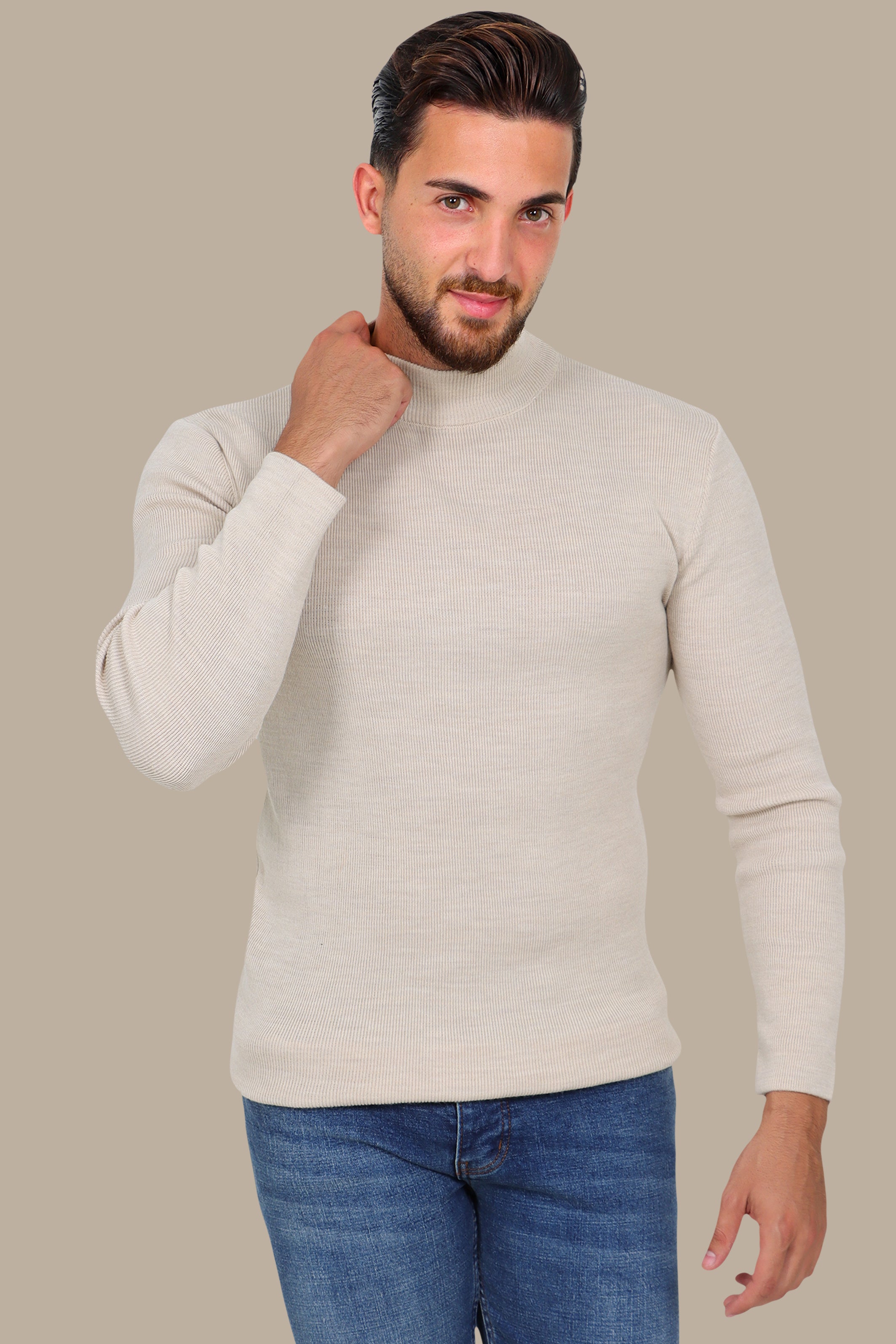 Refined High Neck Sweater in Luxe Beige